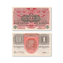 German-Austria 1 Krone, 1916, B101a, P49, UNC - Robert's World Money - World Banknotes