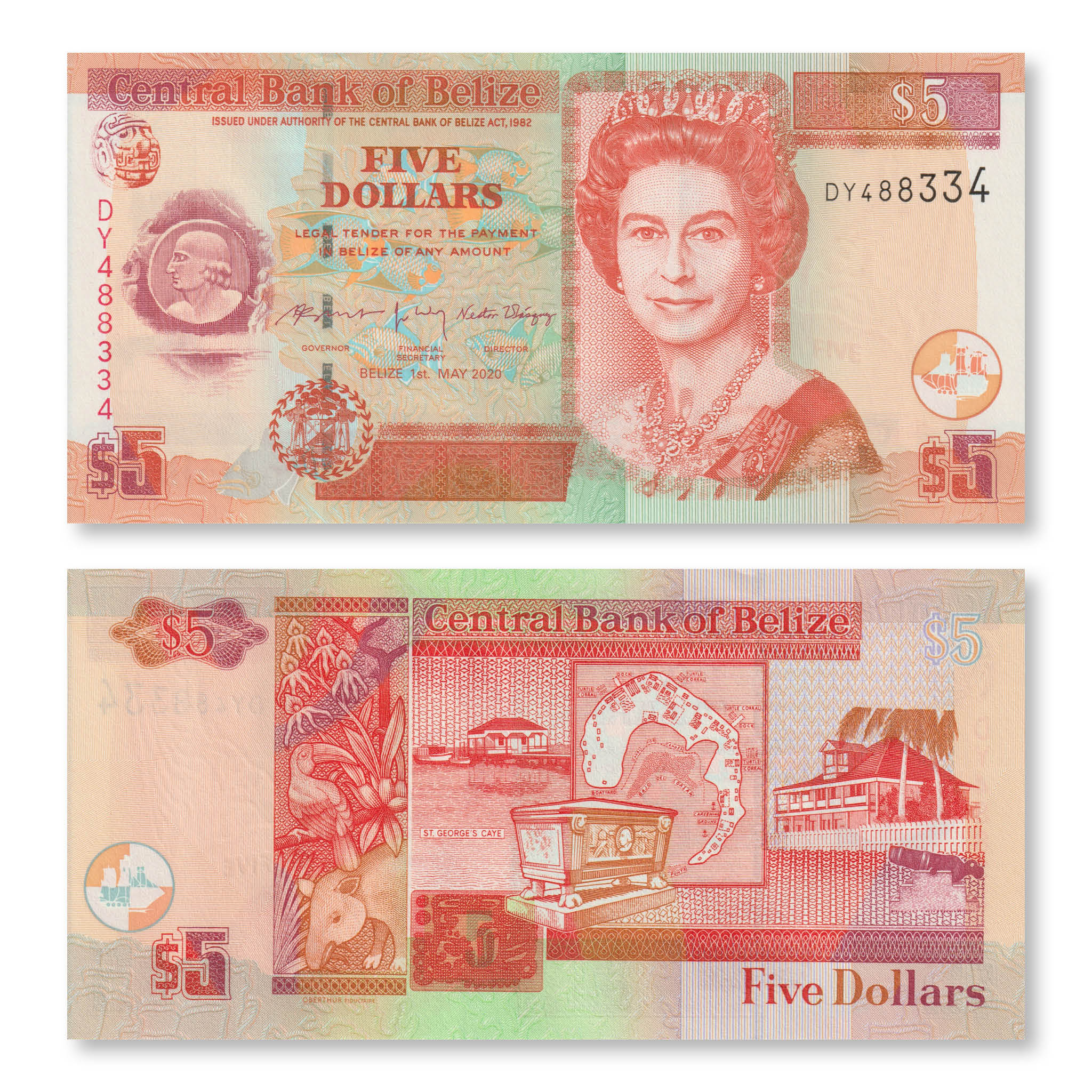 Belize 5 Dollars, 2016, B325g, P67, UNC - Robert's World Money - World Banknotes