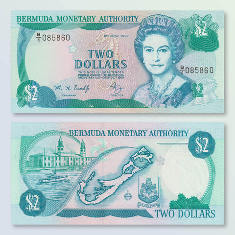Bermuda 2 Dollars, 1997, B214b, P40Ab, UNC - Robert's World Money - World Banknotes