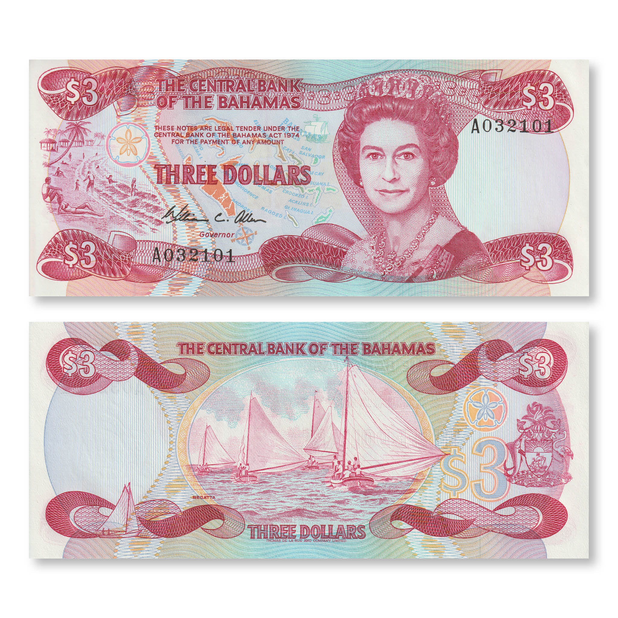 Bahamas 3 Dollars, 1984, B309a, P44a, UNC - Robert's World Money - World Banknotes