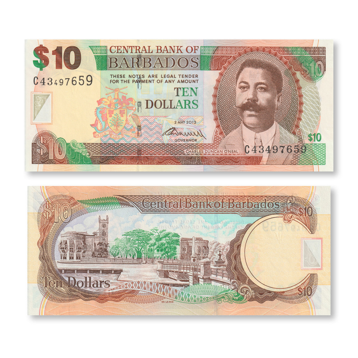Barbados 10 Dollars, 2012, B227c, P68c, UNC - Robert's World Money - World Banknotes
