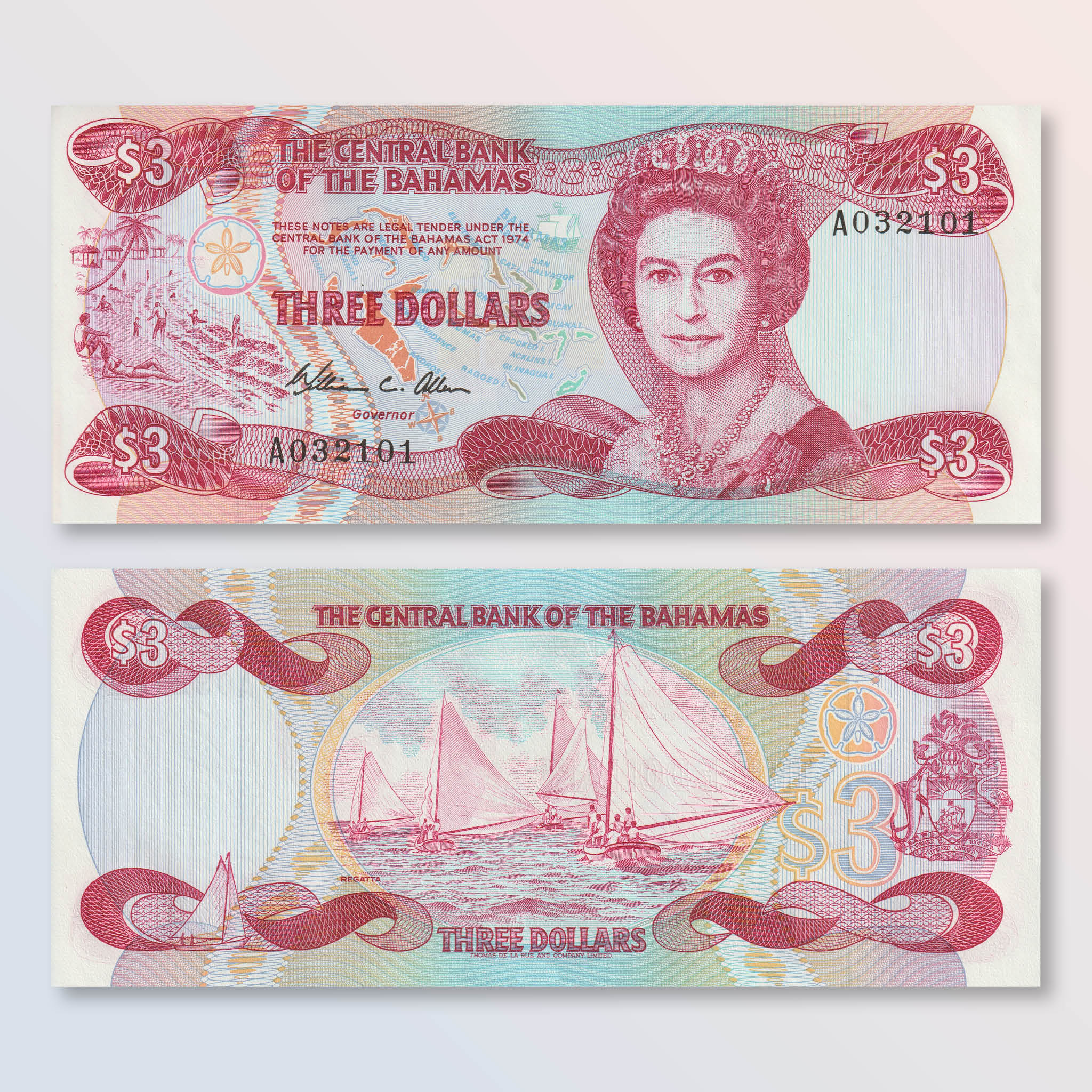 Bahamas 3 Dollars, 1984, B309a, P44a, UNC - Robert's World Money - World Banknotes