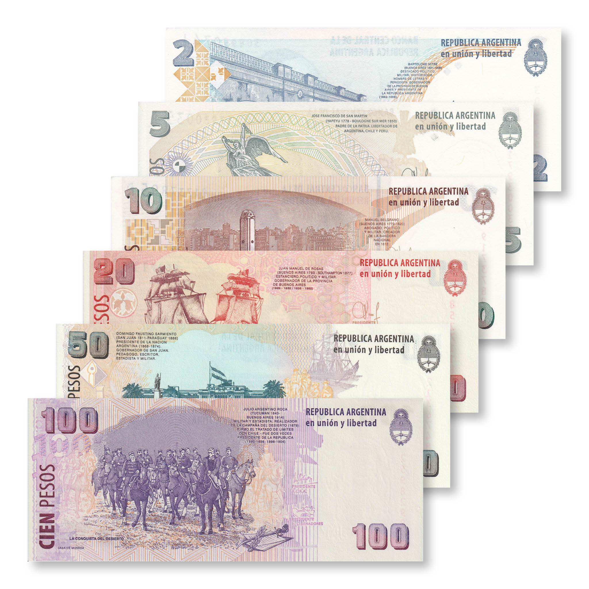 Argentina Full Set: 2–1,000 Pesos, 2010–2014, P352–P357 - Robert's World Money - World Banknotes