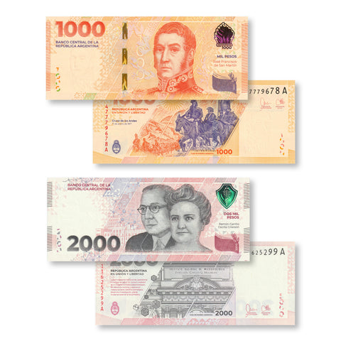 Argentina Set: 1000 & 2000 Pesos, 2023, B426–B427, UNC - Robert's World Money - World Banknotes