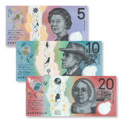 Australia Set: 5, 10 & 20 Dollars, 2016–2019, B230-B232, UNC - Robert's World Money - World Banknotes