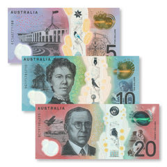 Australia Set: 5, 10 & 20 Dollars, 2016–2019, B230-B232, UNC - Robert's World Money - World Banknotes