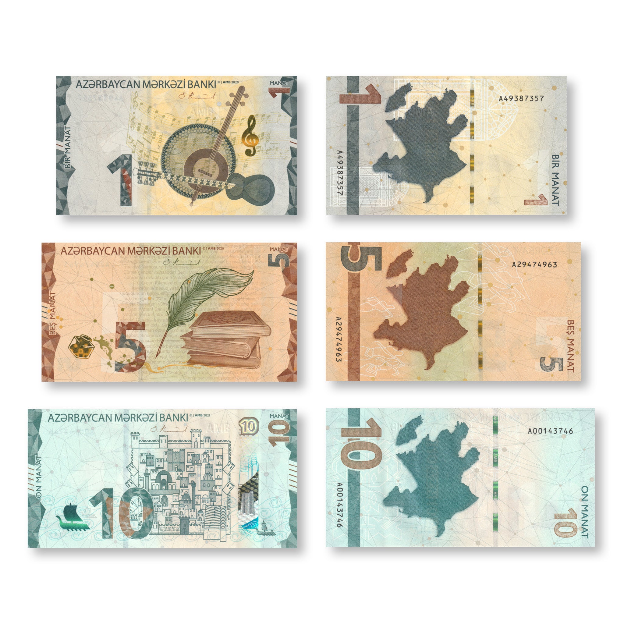 Azerbaijan Set: 1, 5 & 10 Manat, 2020–2021, B408–B410, UNC - Robert's World Money - World Banknotes