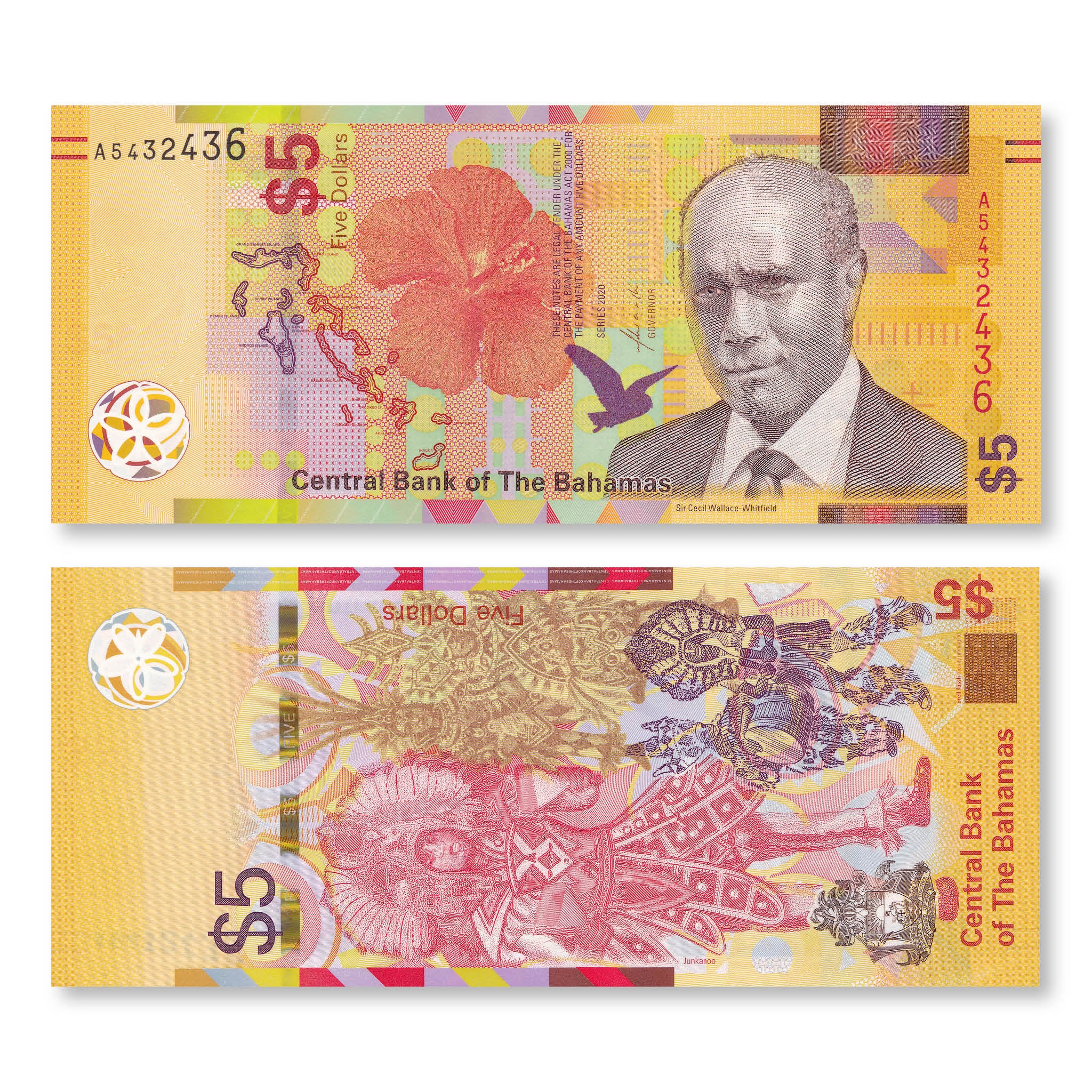 Bahamas Set: Half–$5 Dollars, 2017–2020, B348–B351, UNC - Robert's World Money - World Banknotes