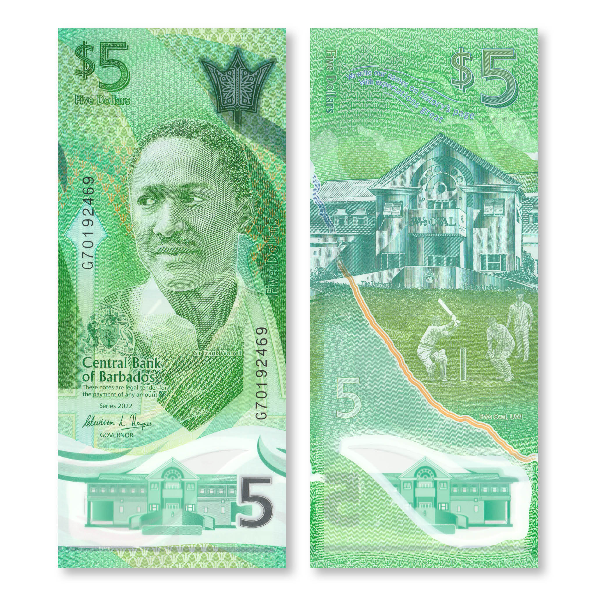 Barbados Set: 2, 5 & 10 Dollars, 2022, B239–B241, UNC - Robert's World Money - World Banknotes