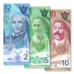 Barbados Set: 2, 5 & 10 Dollars, 2022, B239–B241, UNC - Robert's World Money - World Banknotes
