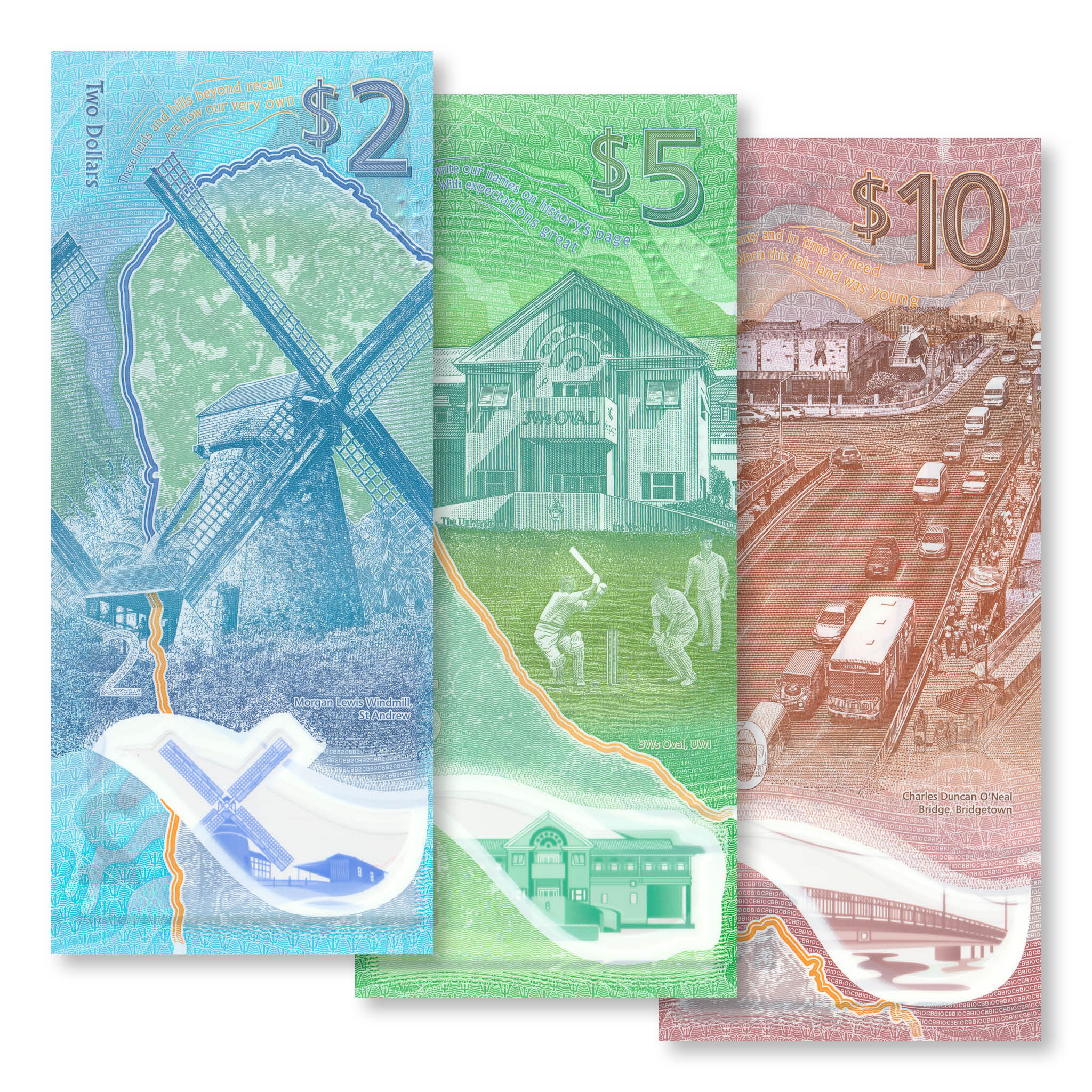 Barbados Set: 2, 5 & 10 Dollars, 2022, B239–B241, UNC - Robert's World Money - World Banknotes
