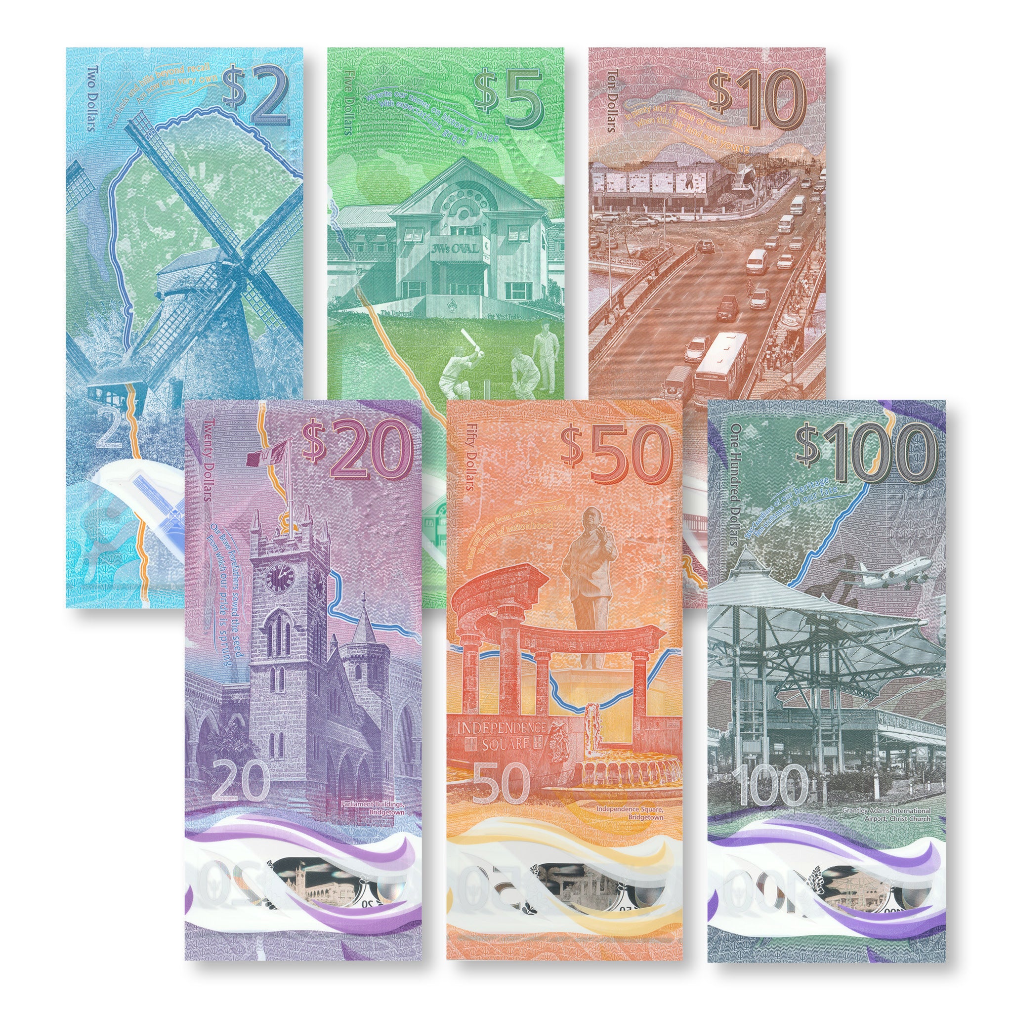 Barbados Full Set: 2–100 Dollars, 2022, B239–B244, Barbados' First Polymer Series - Robert's World Money - World Banknotes