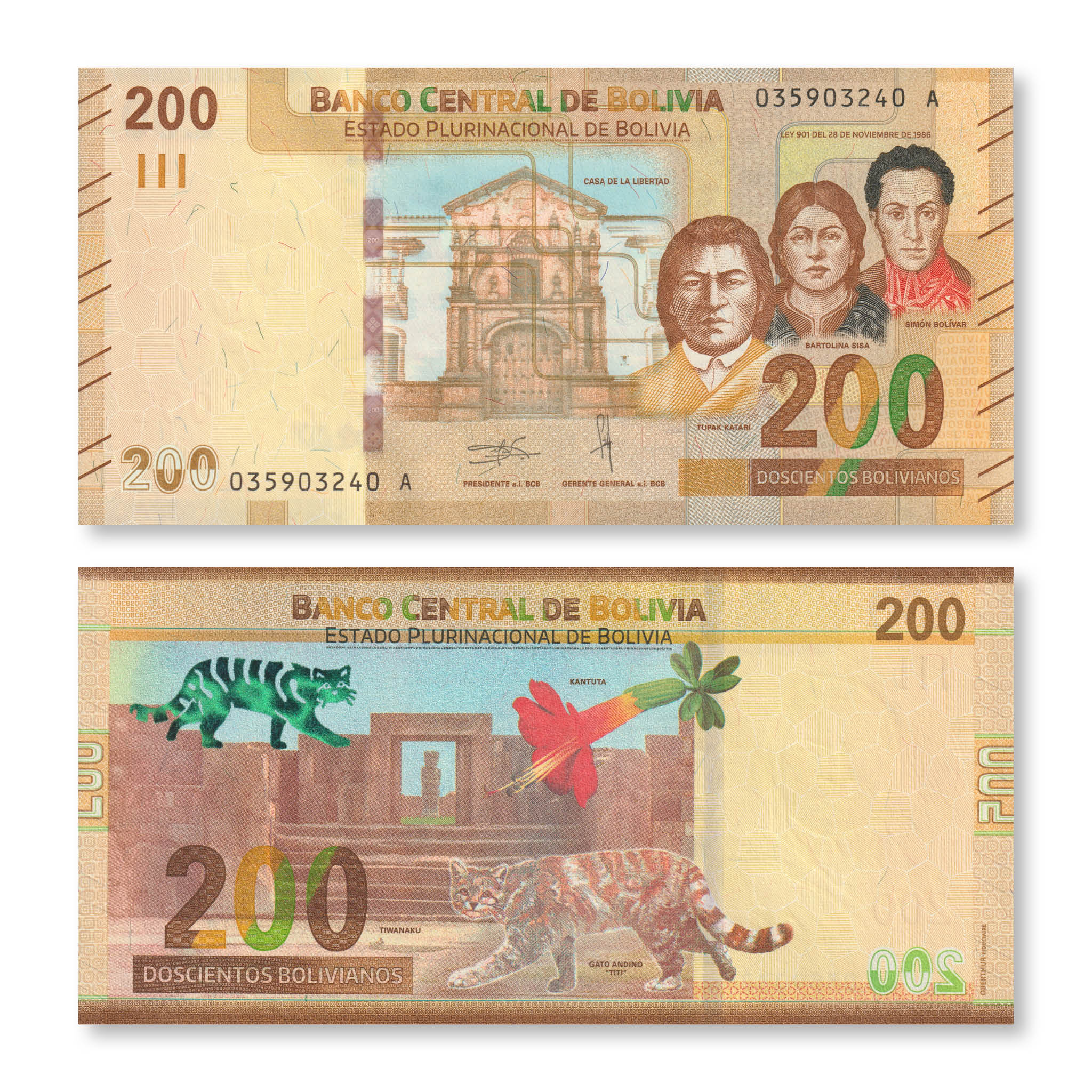 Bolivia Full Set: 10–200 Bolivianos, 2018, B417–B421, UNC - Robert's World Money - World Banknotes