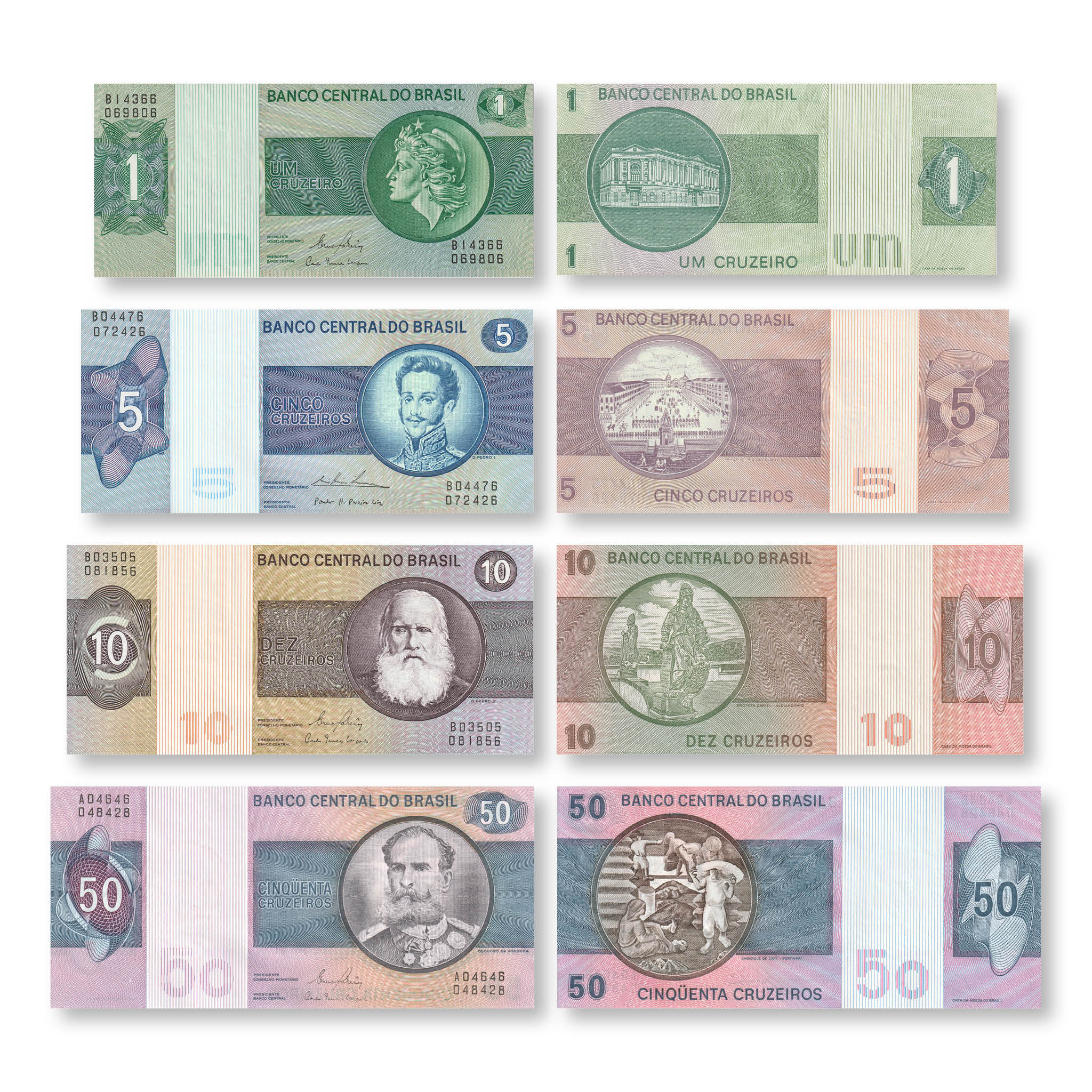 Brazil Set: 1–50 Cruzeiros, 1974–1980, B812–B815, P191–P194, UNC - Robert's World Money - World Banknotes