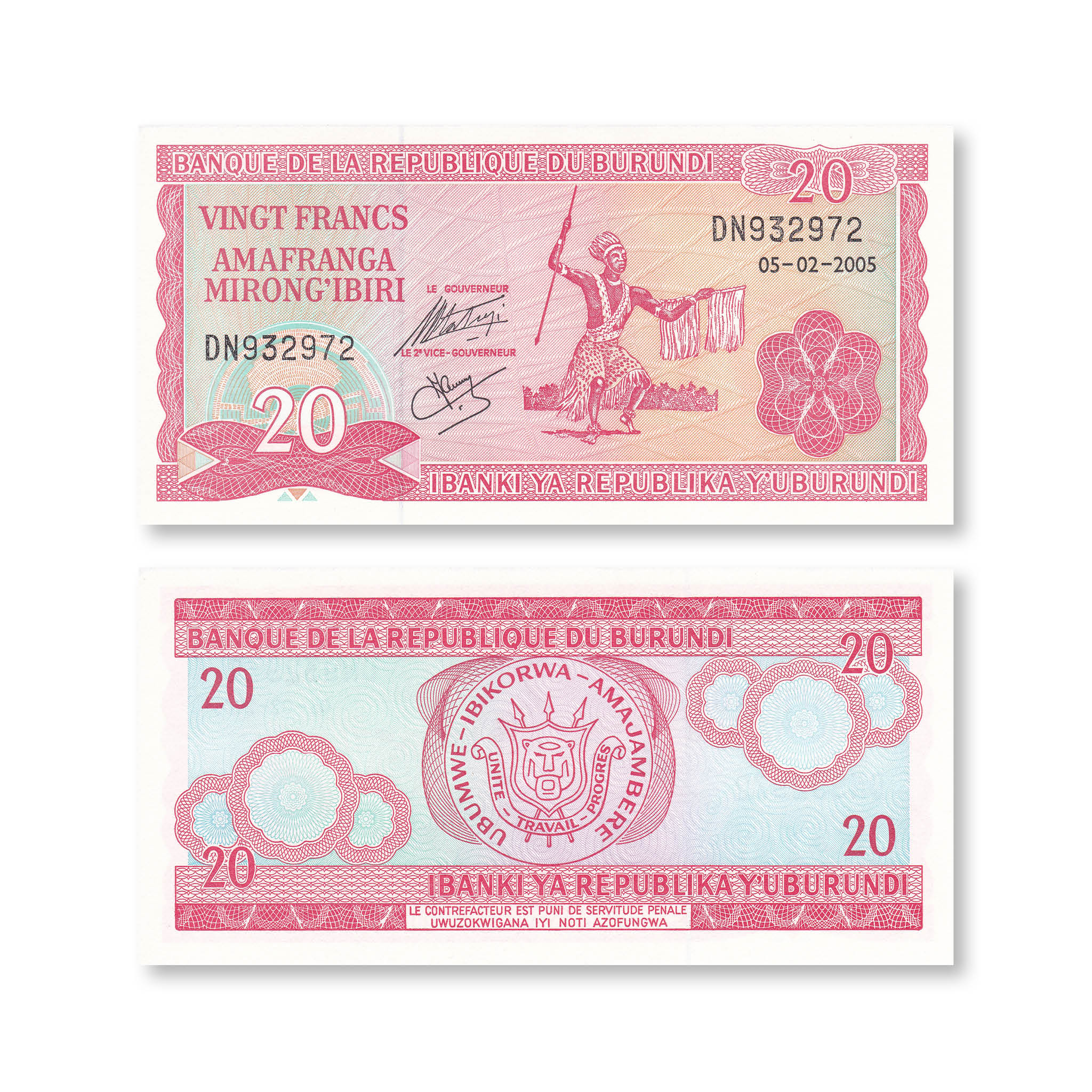 Burundi 20 Francs, 2005, B215k, P27b, UNC - Robert's World Money - World Banknotes