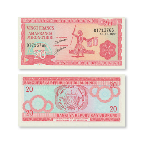 Burundi 20 Francs, 2007, B215n, P27d, UNC - Robert's World Money - World Banknotes