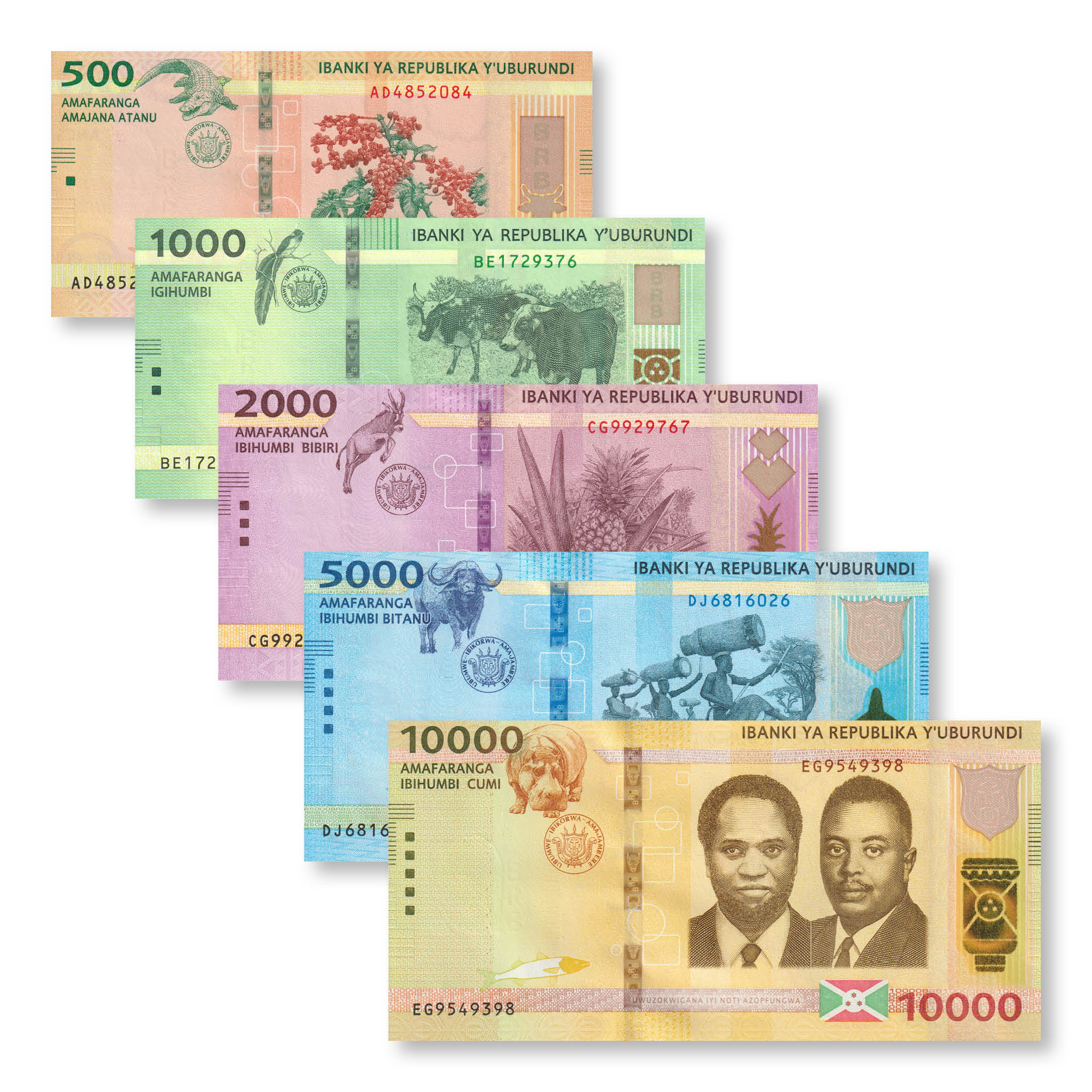 Burundi Full Set: 500–10,000 Francs, 2018–2021, B236–B240, P50–P54, UNC - Robert's World Money - World Banknotes
