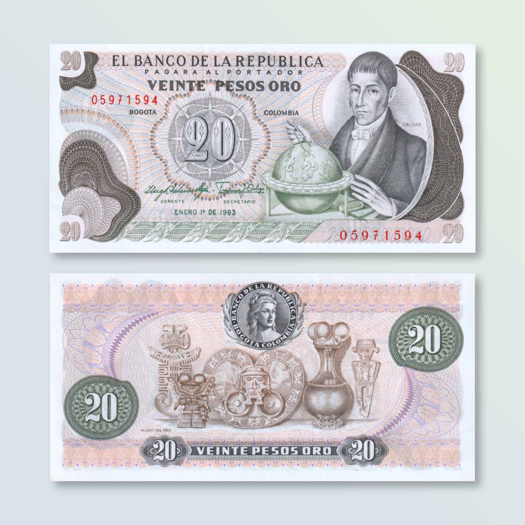 Colombia 20 Pesos oro, 1982, B951k, P409d, UNC - Robert's World Money - World Banknotes