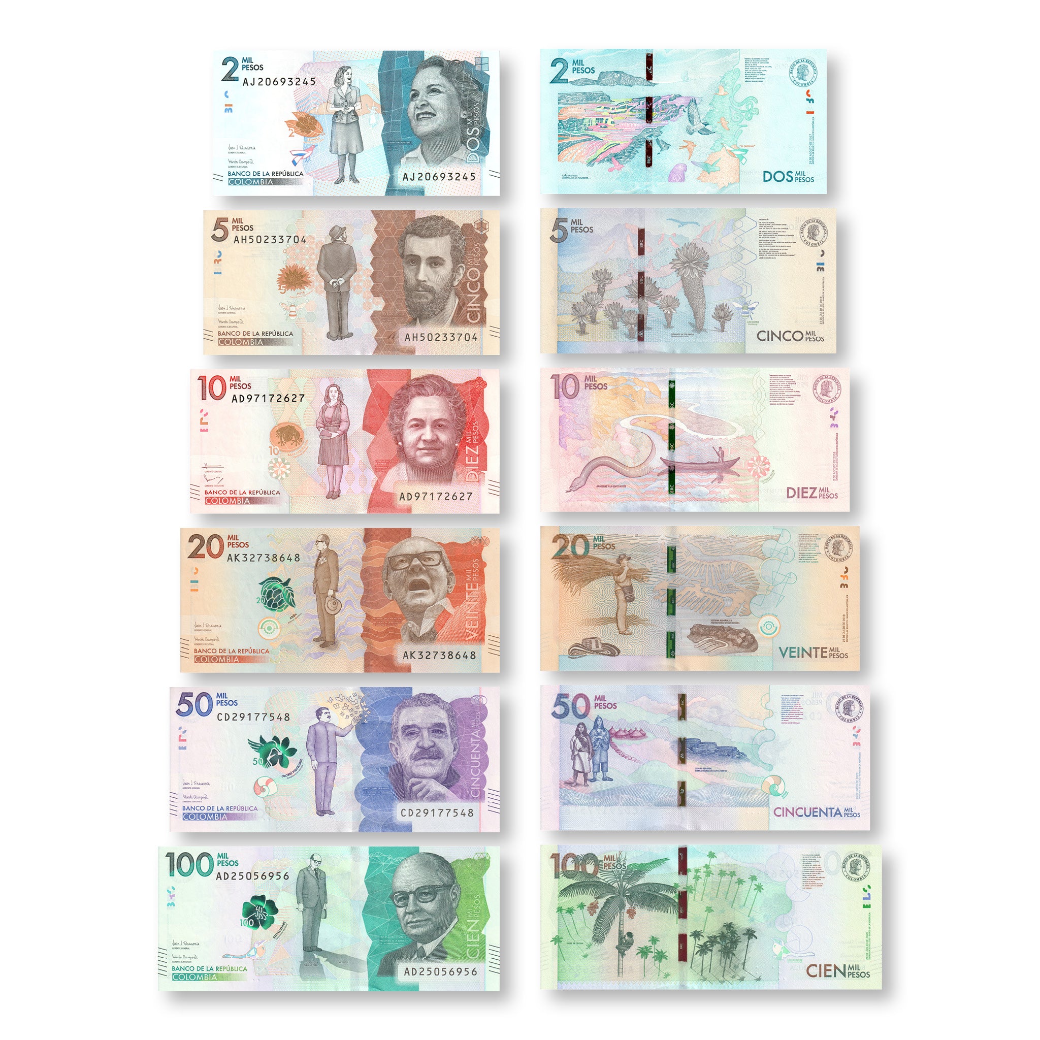 Colombia Full Set: 2,000–100,000 Pesos, 2015+, B993–B998, P458–P463, UNC - Robert's World Money - World Banknotes