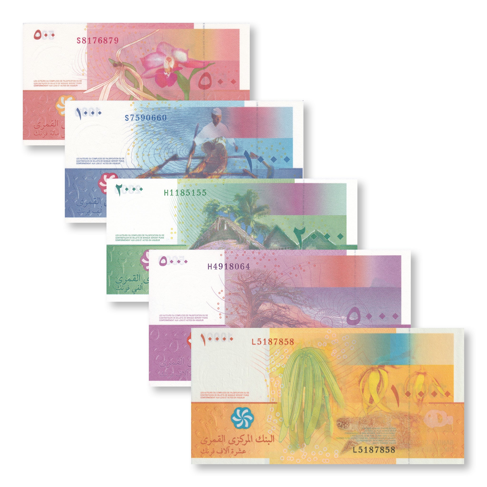 Comoros Full Set: 500–10,000 Francs, 2006–2020, B306–B310, P15–P19, UNC - Robert's World Money - World Banknotes