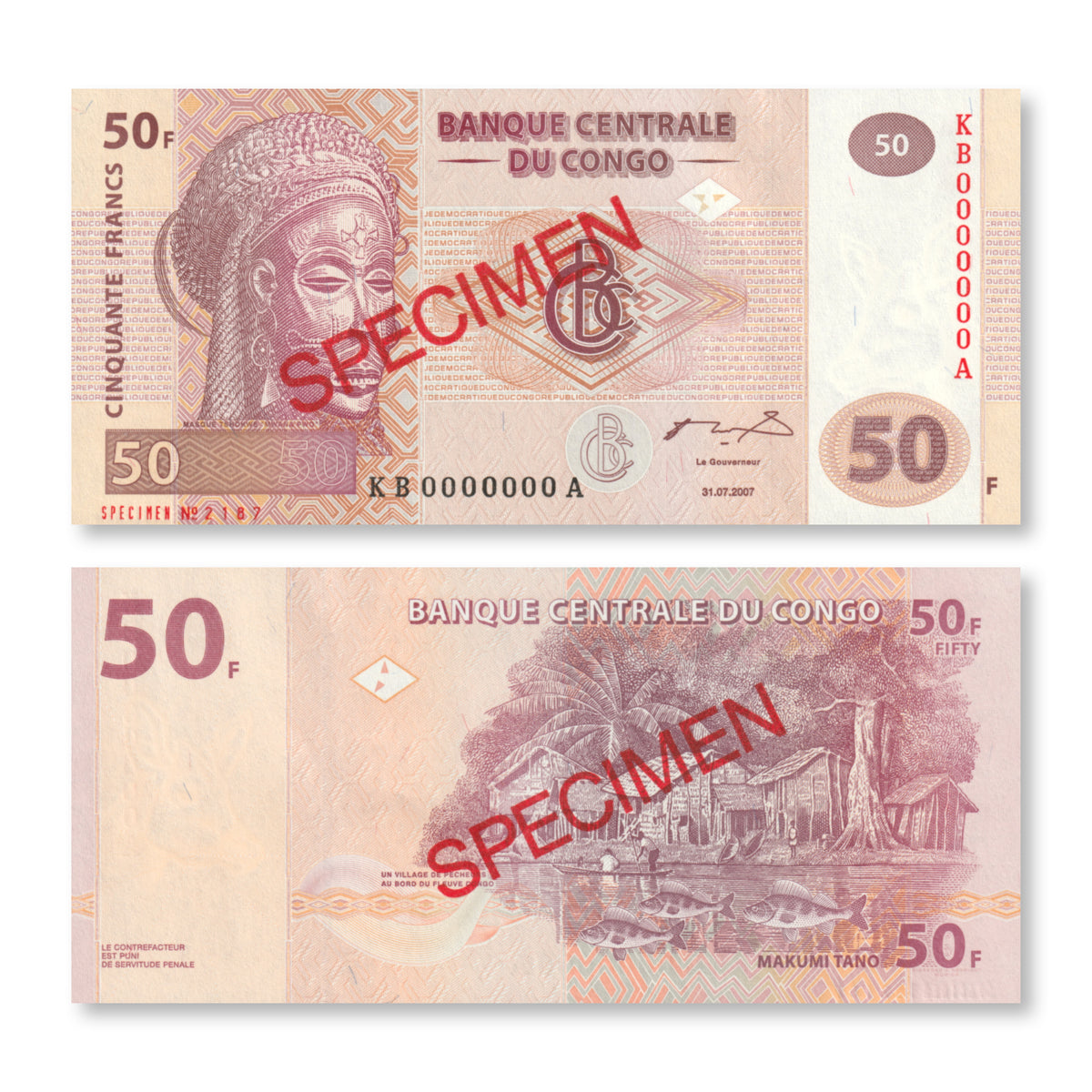 Congo Democratic Republic 50-Franc Specimen, 2007, B319as, P97s, UNC