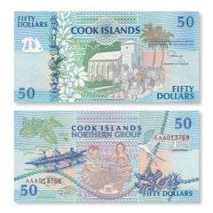 Cook Islands 50 Dollars, 1992, B110a, P10a, Prefix AAA, UNC