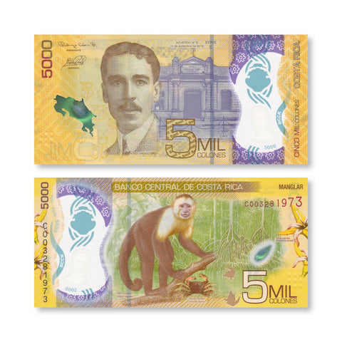 Costa Rica Full Set: 1,000–20,000 Colones, 2018–2021, B564-B568, UNC - Robert's World Money - World Banknotes