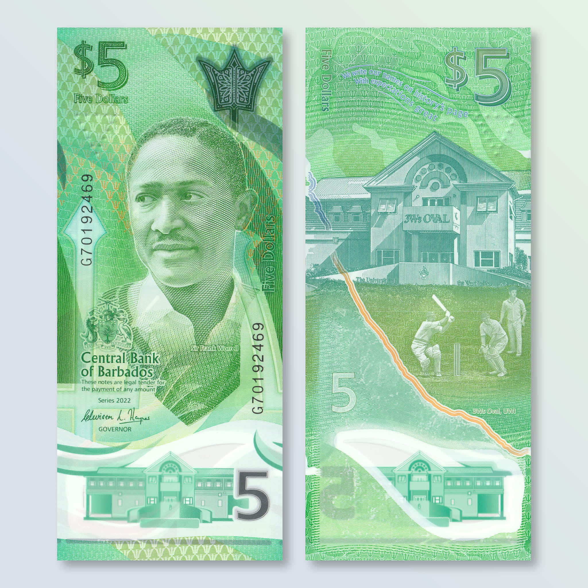 Barbados 5 Dollars, 2022, B240a, UNC - Robert's World Money - World Banknotes