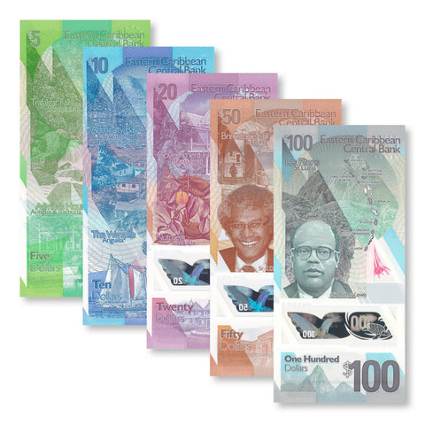 East Caribbean States Full Set: 5–100 Dollars, 2019 & 2021, B240–B244, UNC