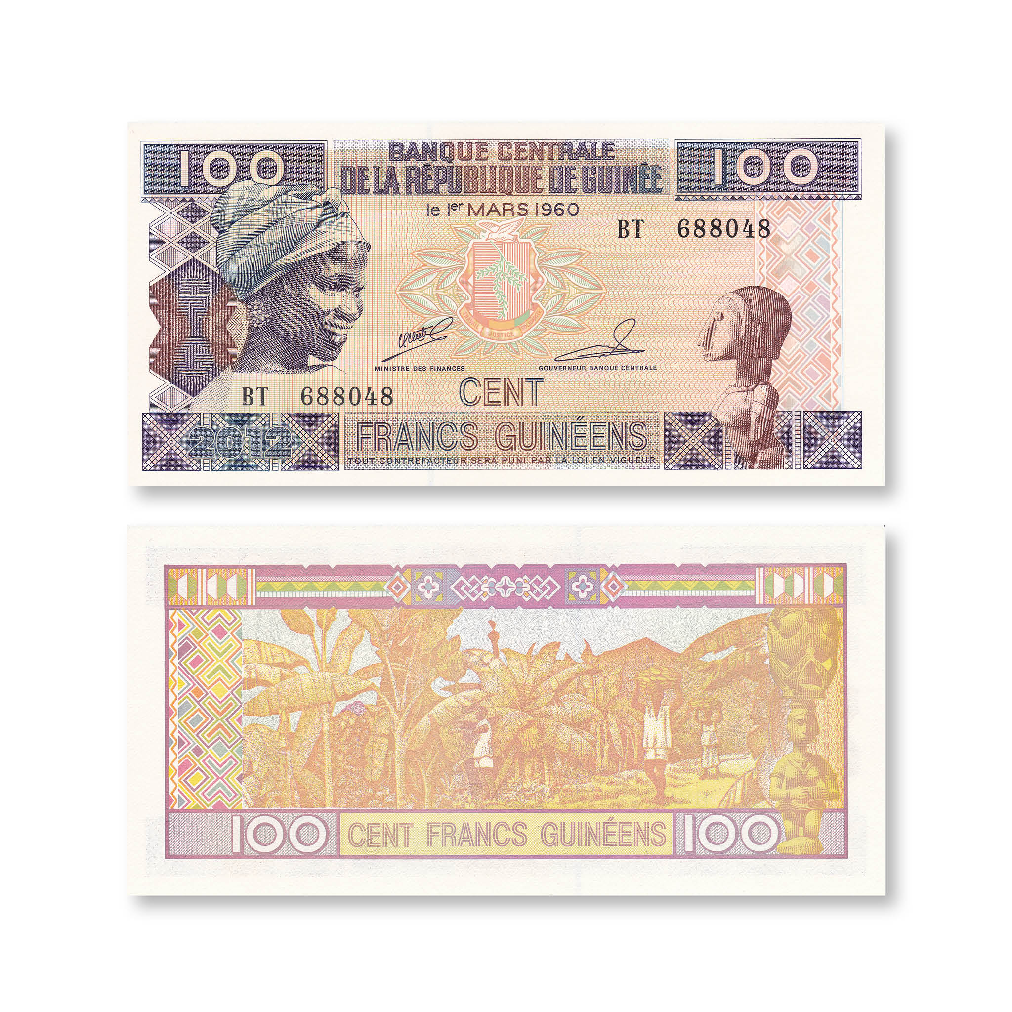 Guinea Set: 100–10,000 Francs, 2006–2012, B324; B328–B330; B336, UNC - Robert's World Money - World Banknotes