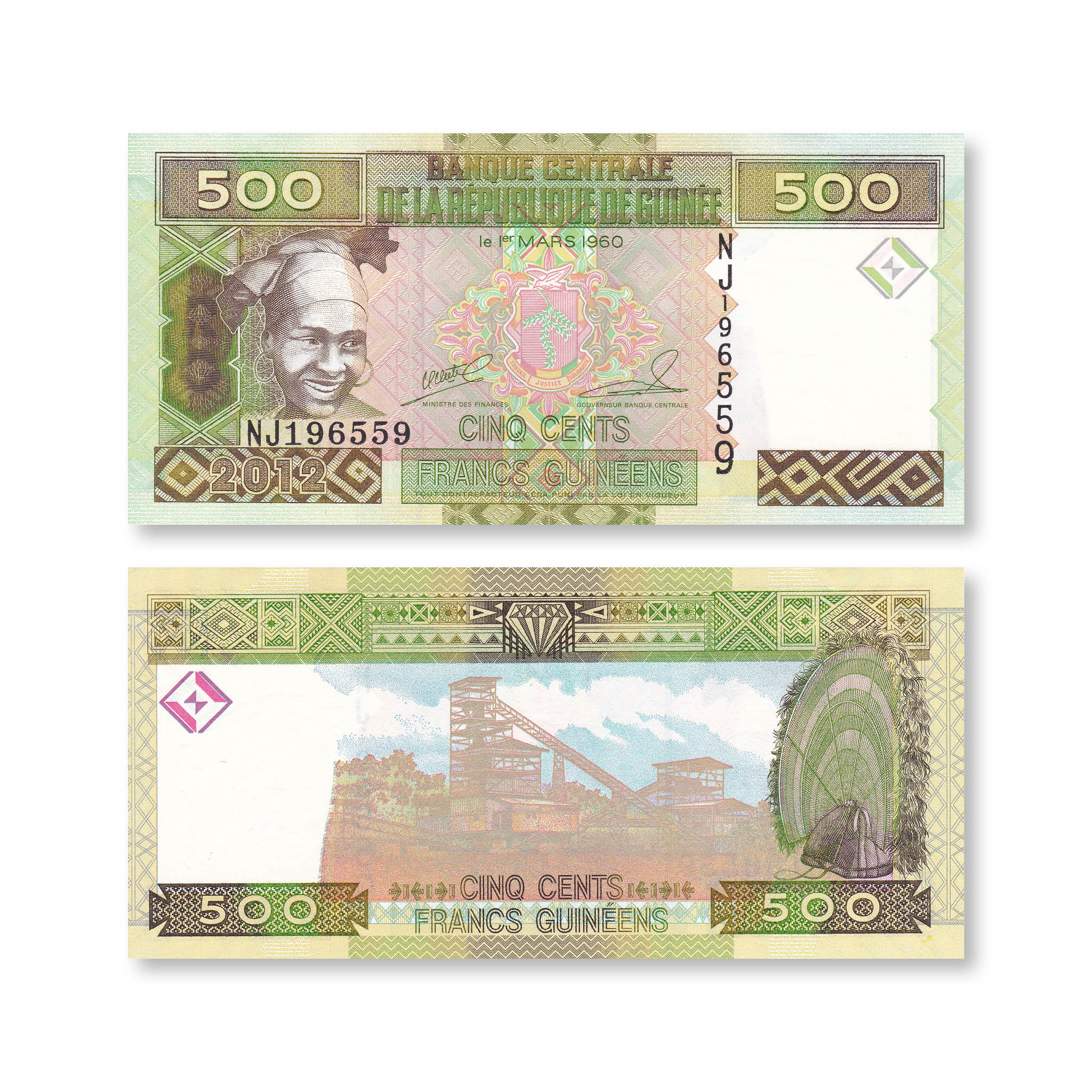 Guinea Set: 100–10,000 Francs, 2006–2012, B324; B328–B330; B336, UNC - Robert's World Money - World Banknotes