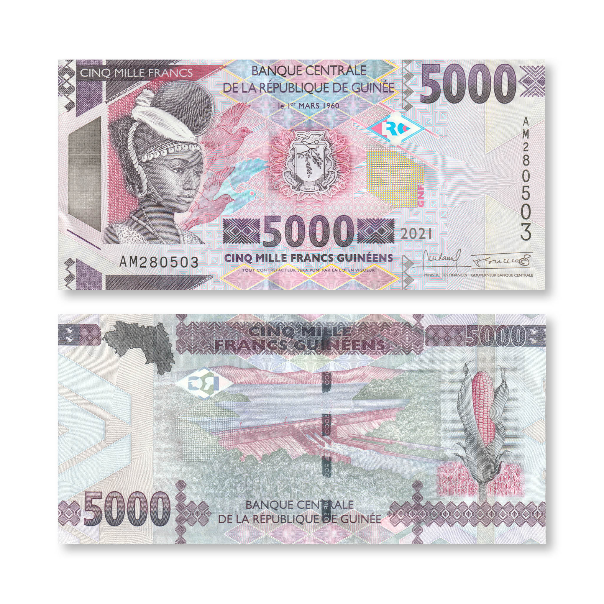 Guinea Full Set: 100–20,000 Francs, 2015+, B337–B344, UNC - Robert's World Money - World Banknotes