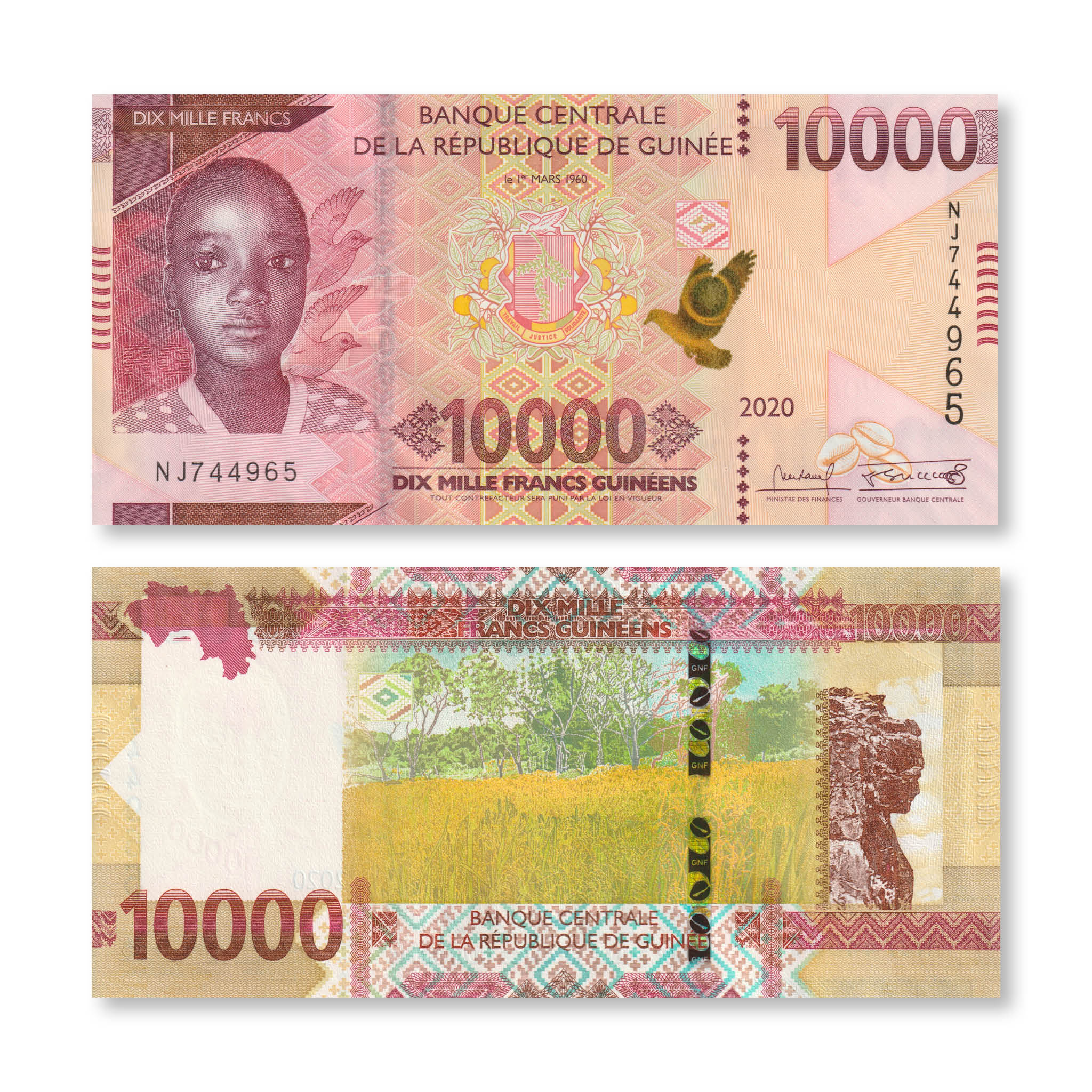 Guinea Full Set: 100–20,000 Francs, 2015+, B337–B344, UNC - Robert's World Money - World Banknotes