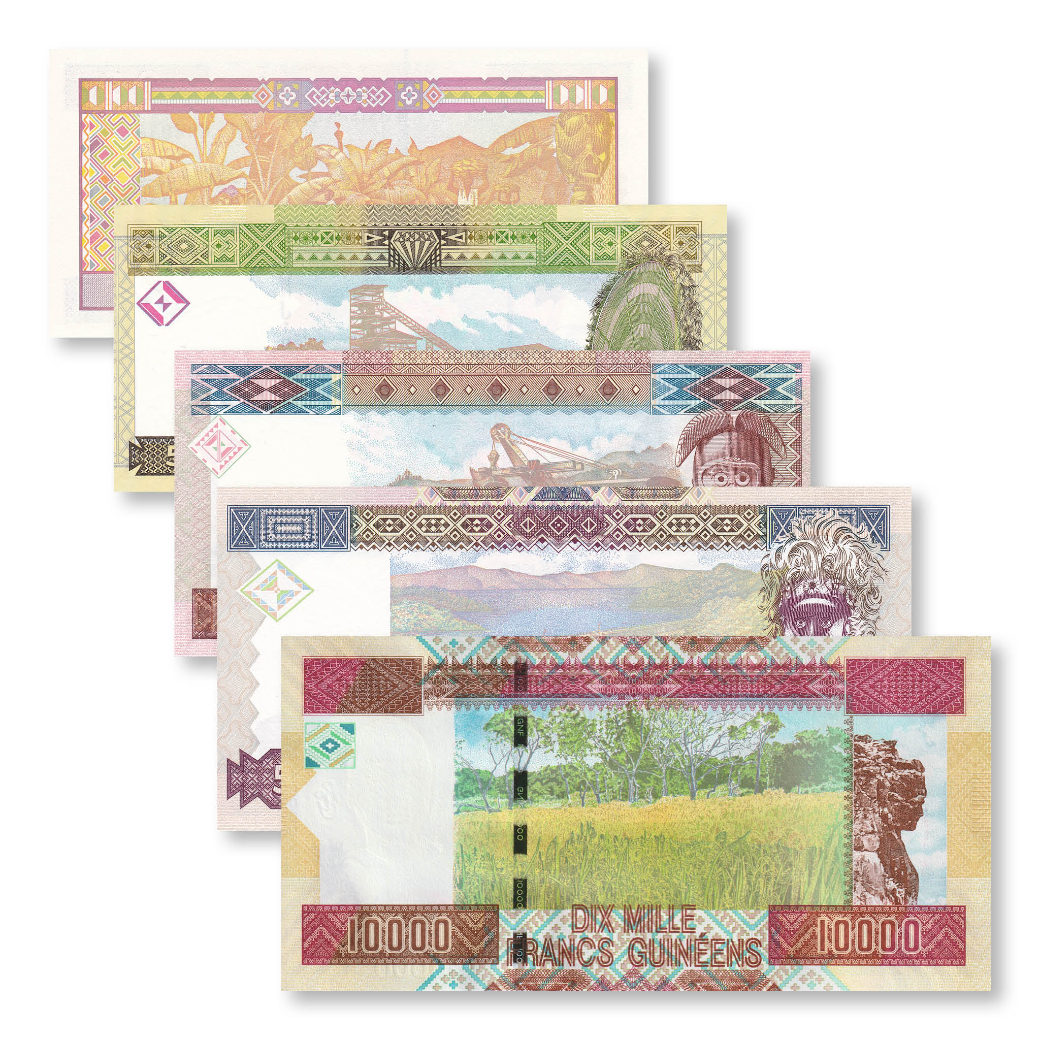 Guinea Set: 100–10,000 Francs, 2006–2012, B324; B328–B330; B336, UNC - Robert's World Money - World Banknotes