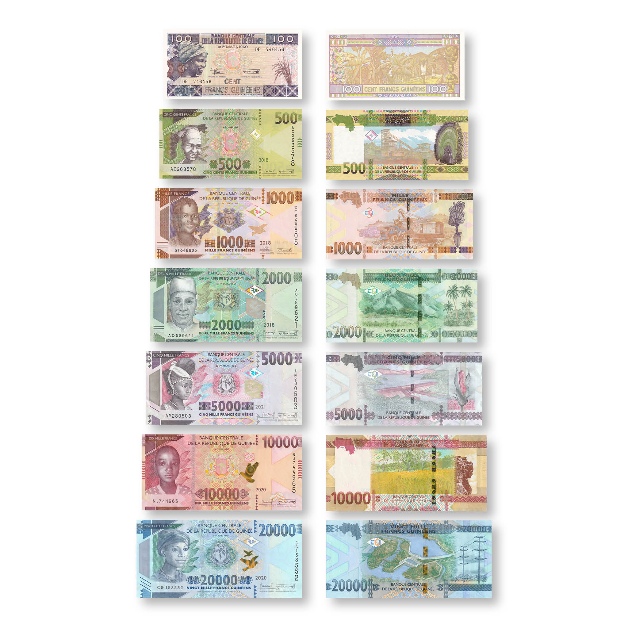Guinea Full Set: 100–20,000 Francs, 2015+, B337–B344, UNC - Robert's World Money - World Banknotes