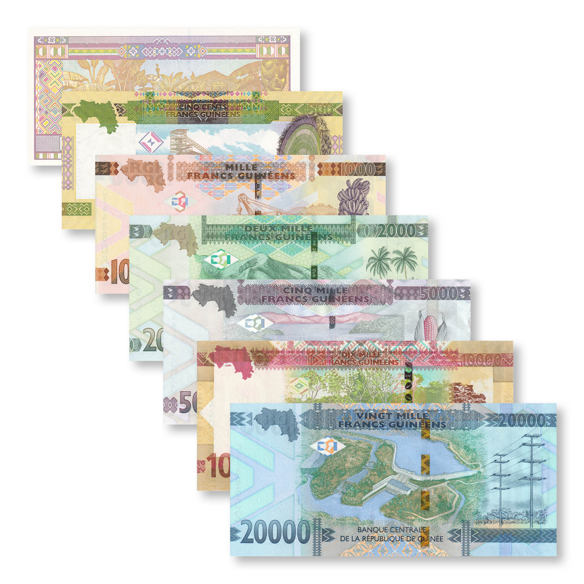 Guinea Full Set: 100–20,000 Francs, 2015+, B337–B344, UNC - Robert's World Money - World Banknotes