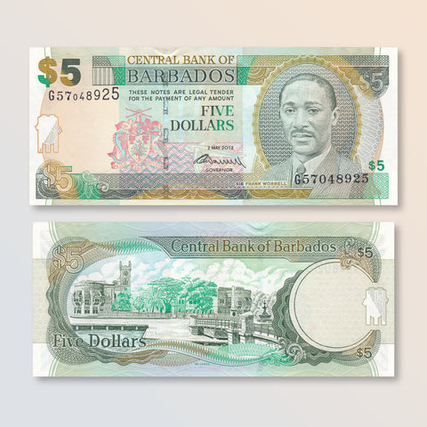 Barbados 5 Dollars, 2012, B226c, P67c, UNC - Robert's World Money - World Banknotes