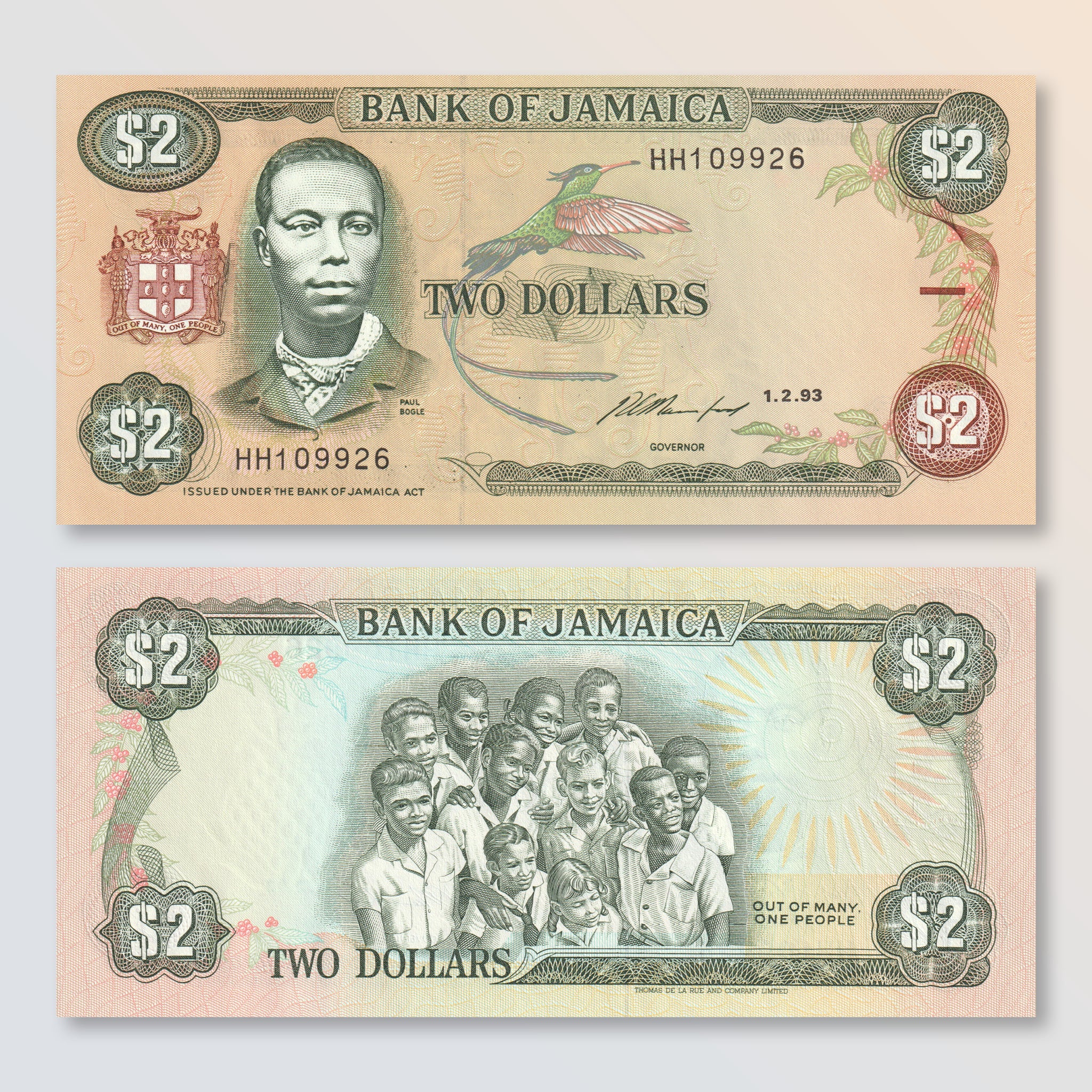 Jamaica 2 Dollars, 1993, B225h, P69e, UNC - Robert's World Money - World Banknotes