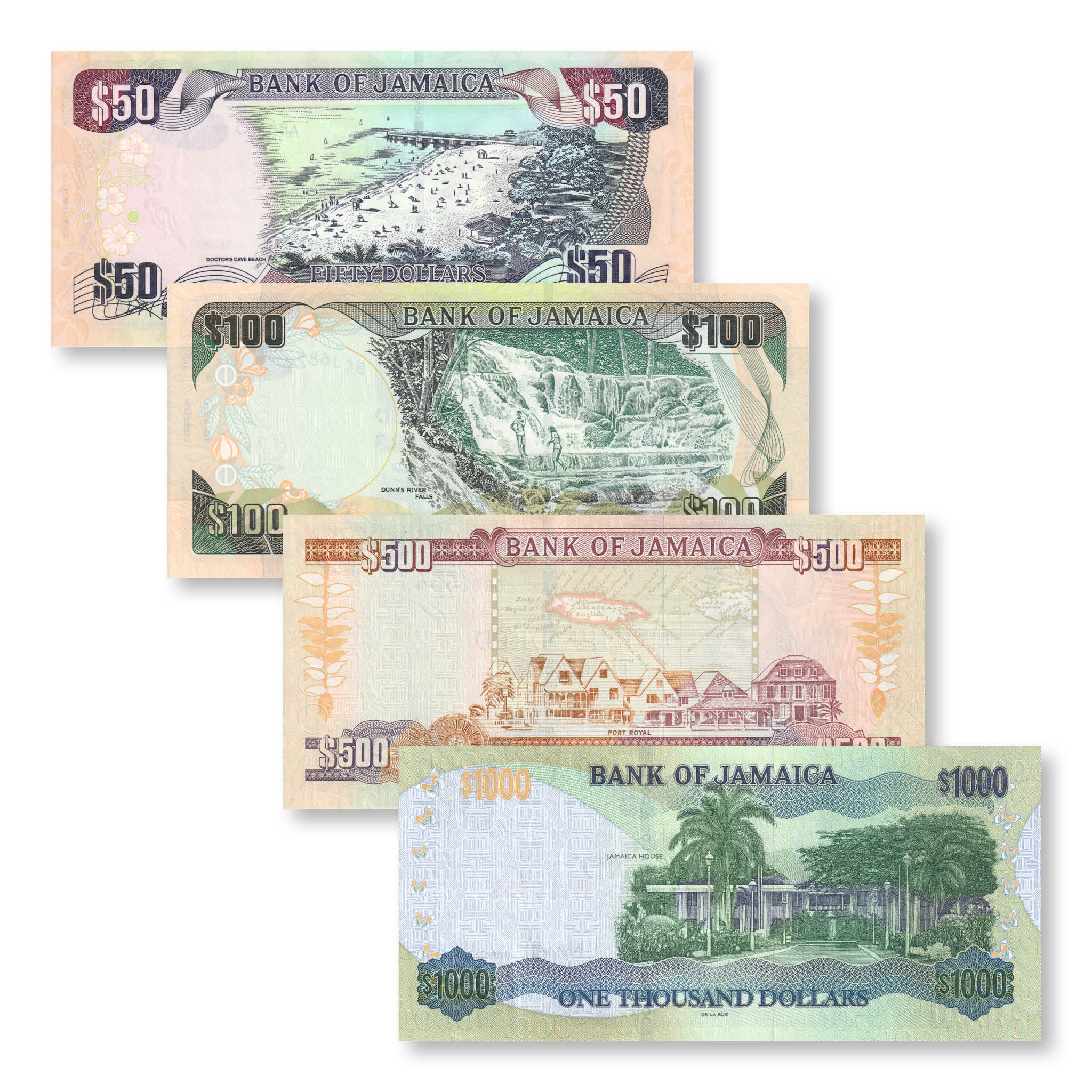 Jamaica Set: 50–1,000 Dollars, 2021, B240–41 B249–50,P85–86, P94–95, UNC - Robert's World Money - World Banknotes