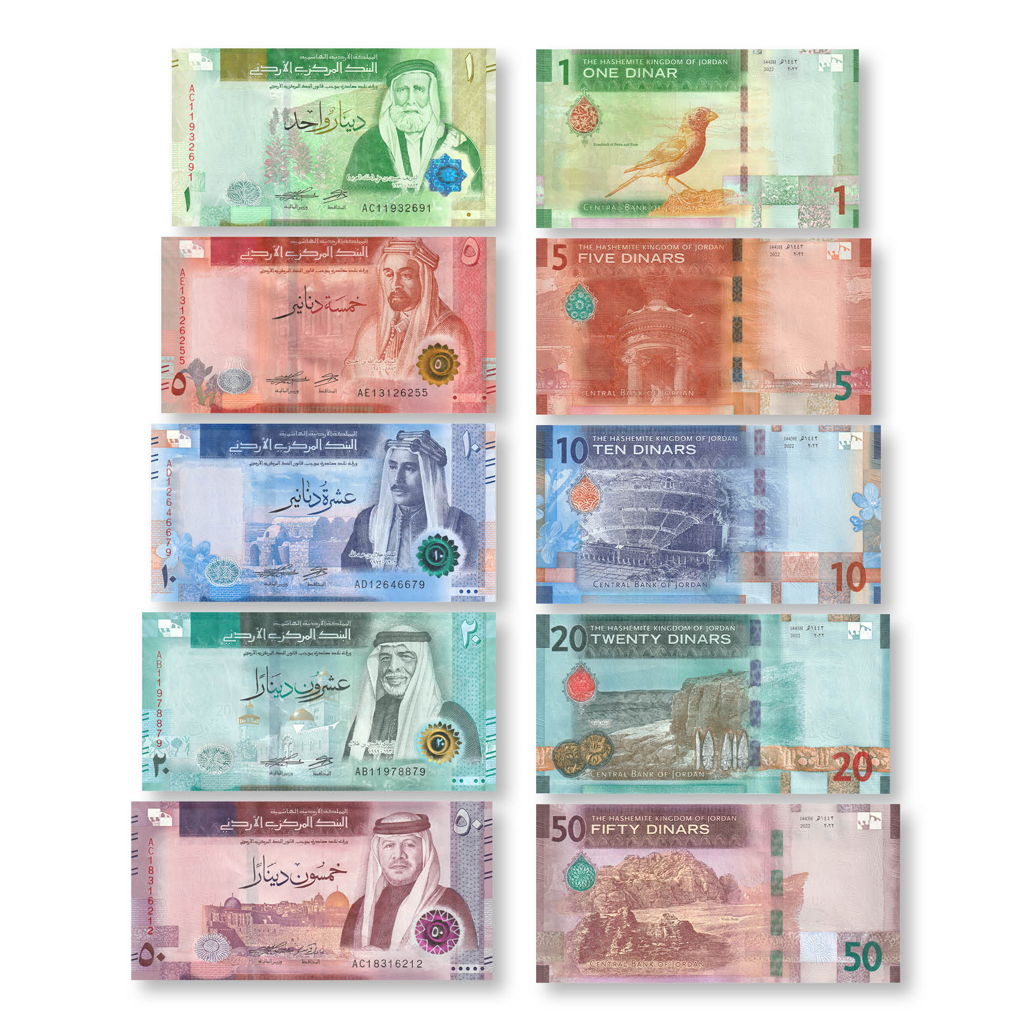 Jordan Full Set: 1–50 Dinars, 2022 (2023), B235–239, UNC - Robert's World Money - World Banknotes
