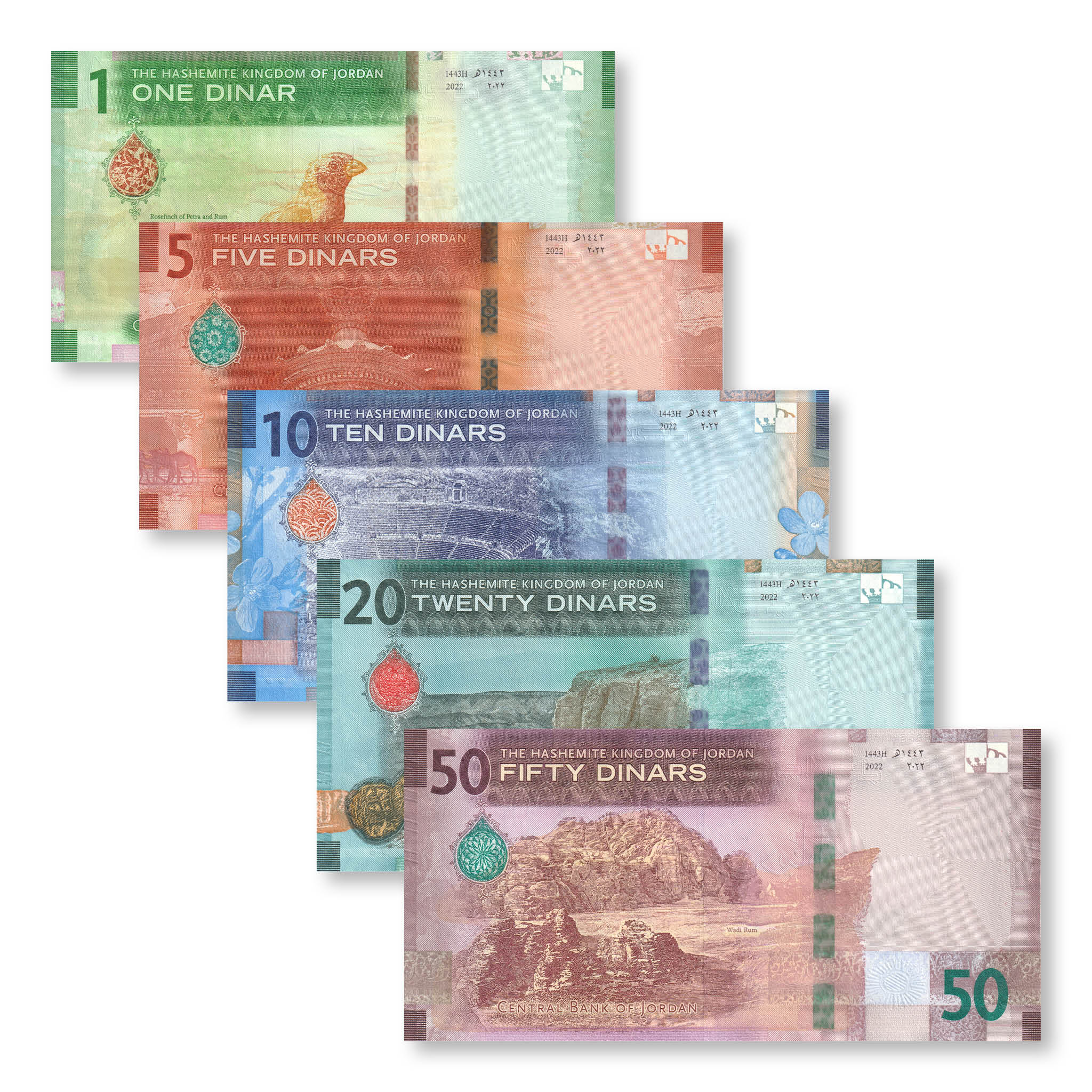 Jordan Full Set: 1–50 Dinars, 2022 (2023), B235–239, UNC - Robert's World Money - World Banknotes