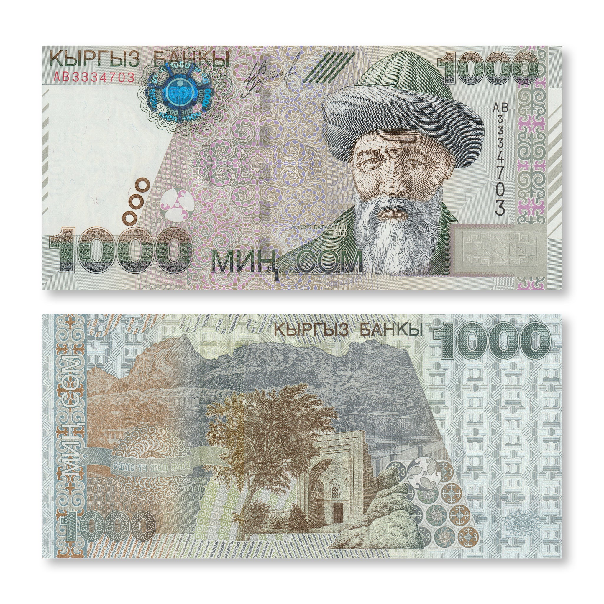 Krygyzstan Full Set: 20–1,000 Som, 2000–2004, B213–B219, P17–P22, UNC - Robert's World Money - World Banknotes