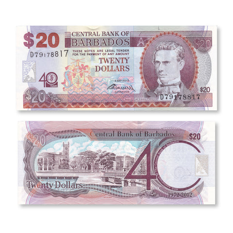 Barbados 20 Dollars, 2012, B231a, P72, UNC - Robert's World Money - World Banknotes