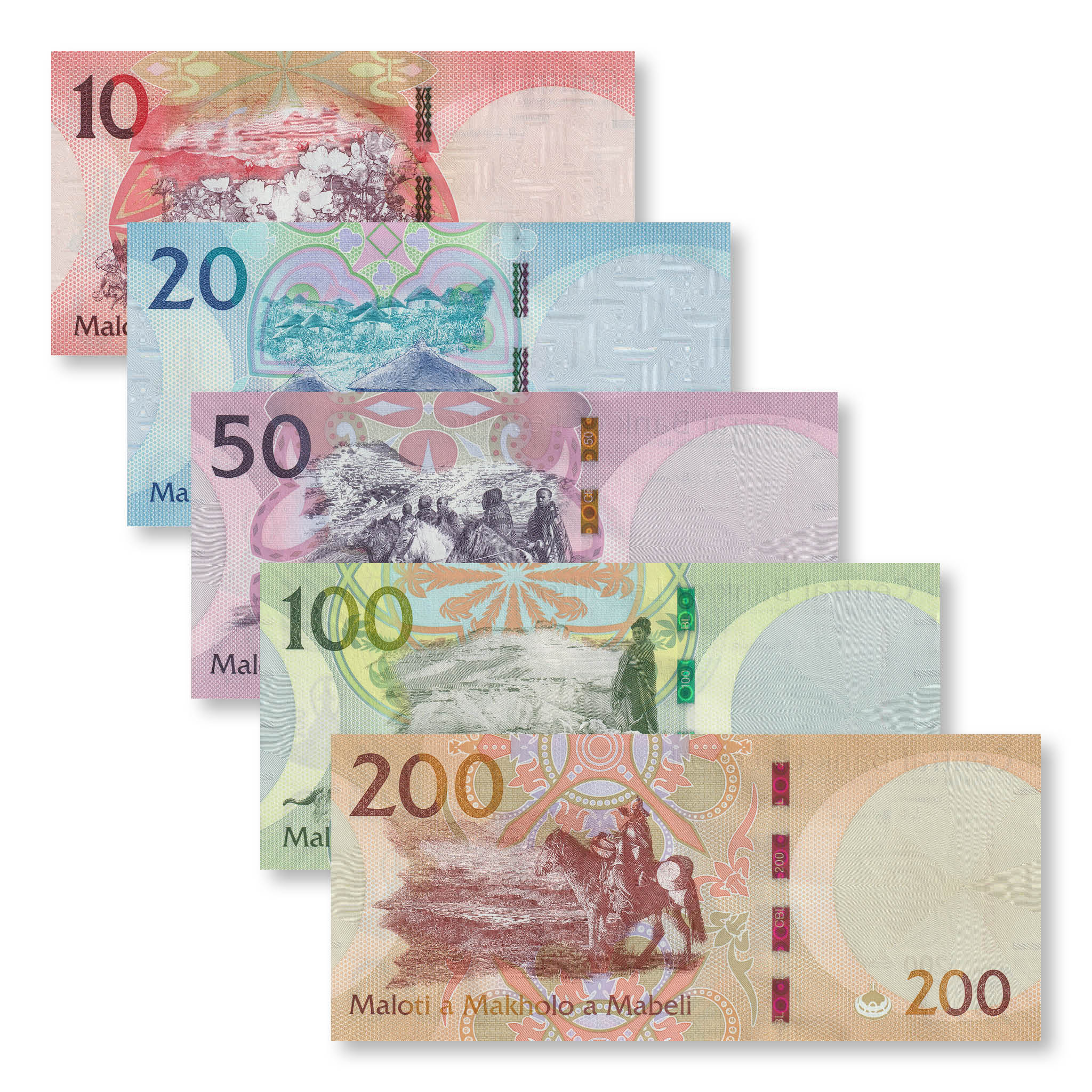 Lesotho Set: 10–200 Maloti, 2021, B227–B231, UNC - Robert's World Money - World Banknotes