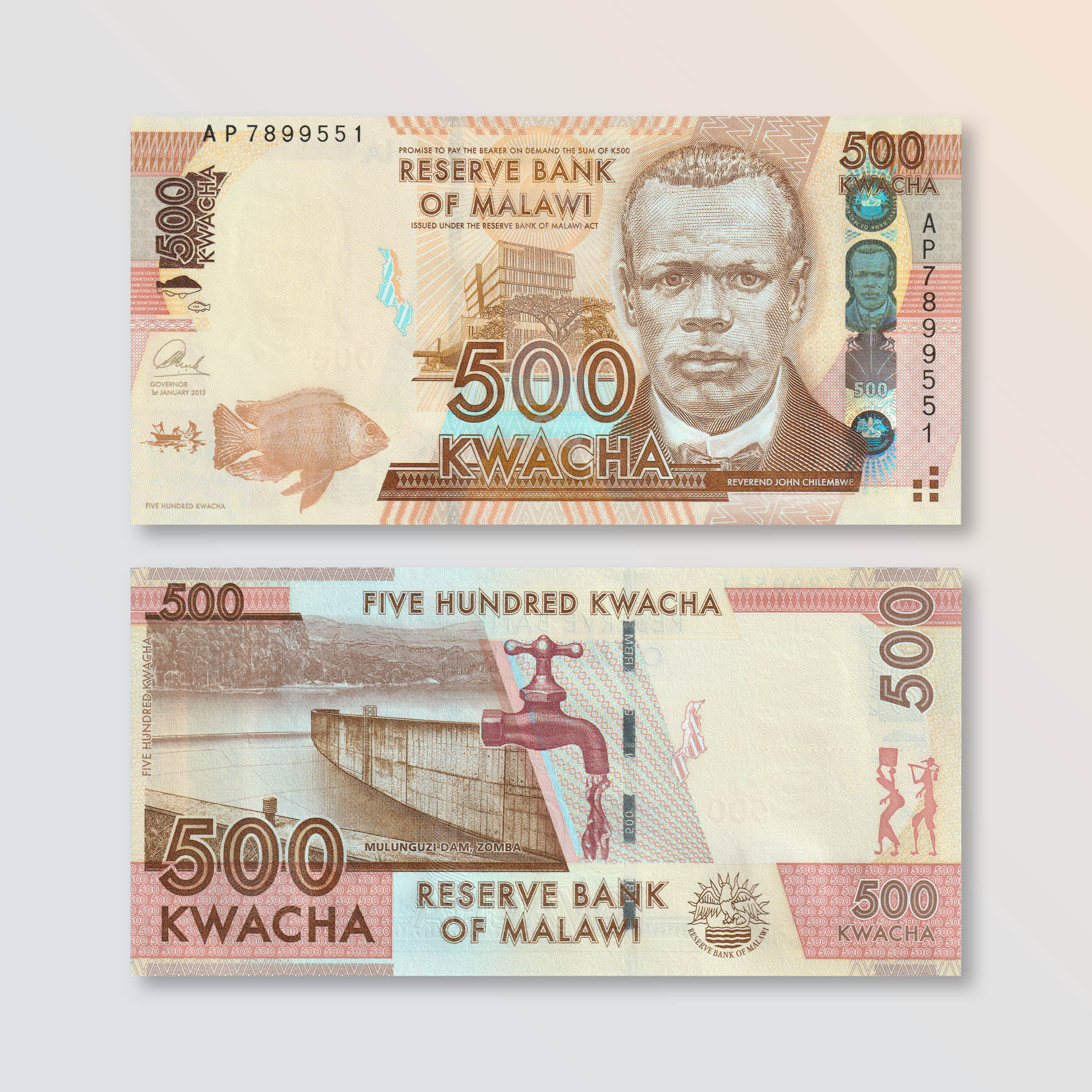 Malawi 500 Kwacha, 2013, B154b, P61b, UNC - Robert's World Money - World Banknotes