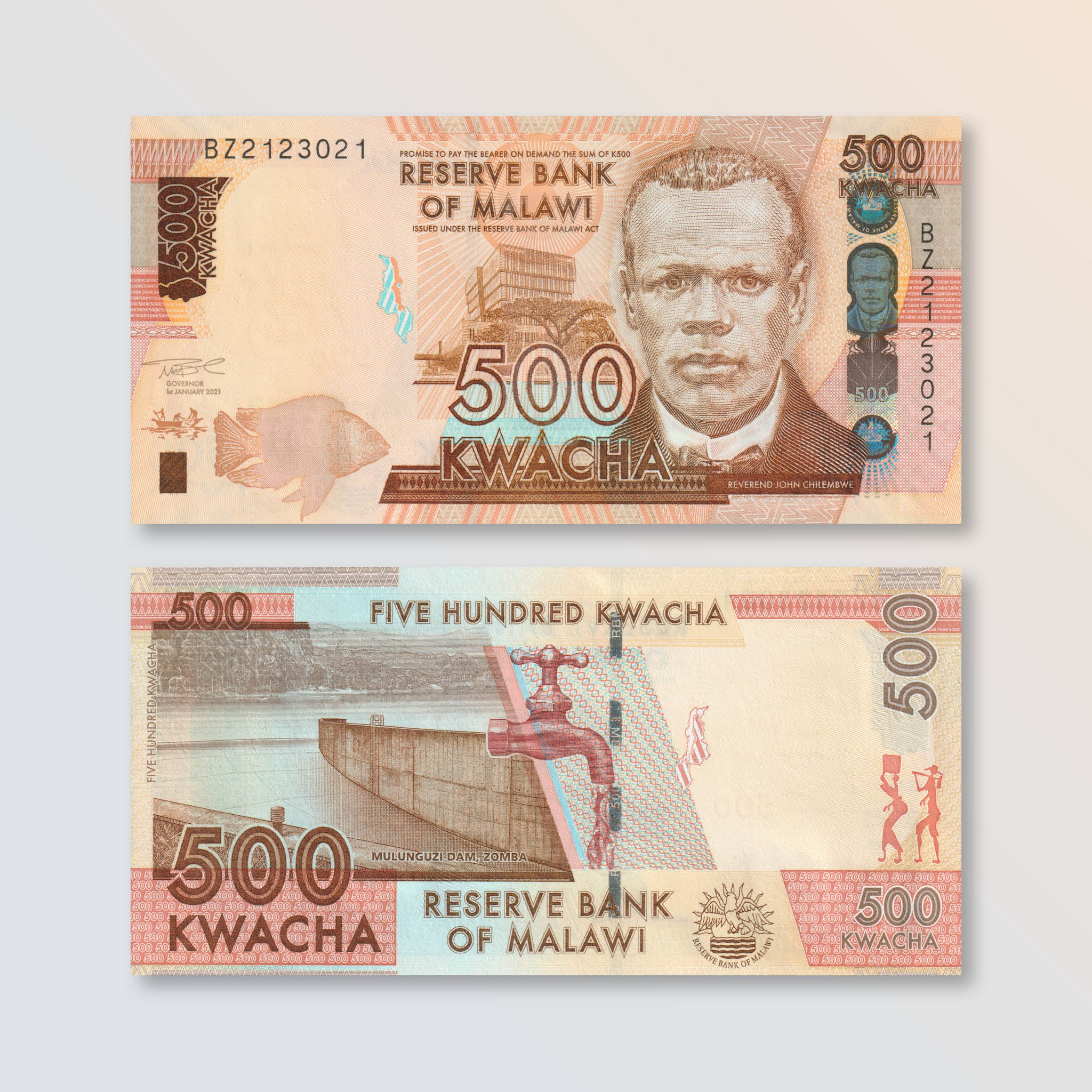 Malawi 500 Kwacha, 2021, B161c, P66, UNC - Robert's World Money - World Banknotes