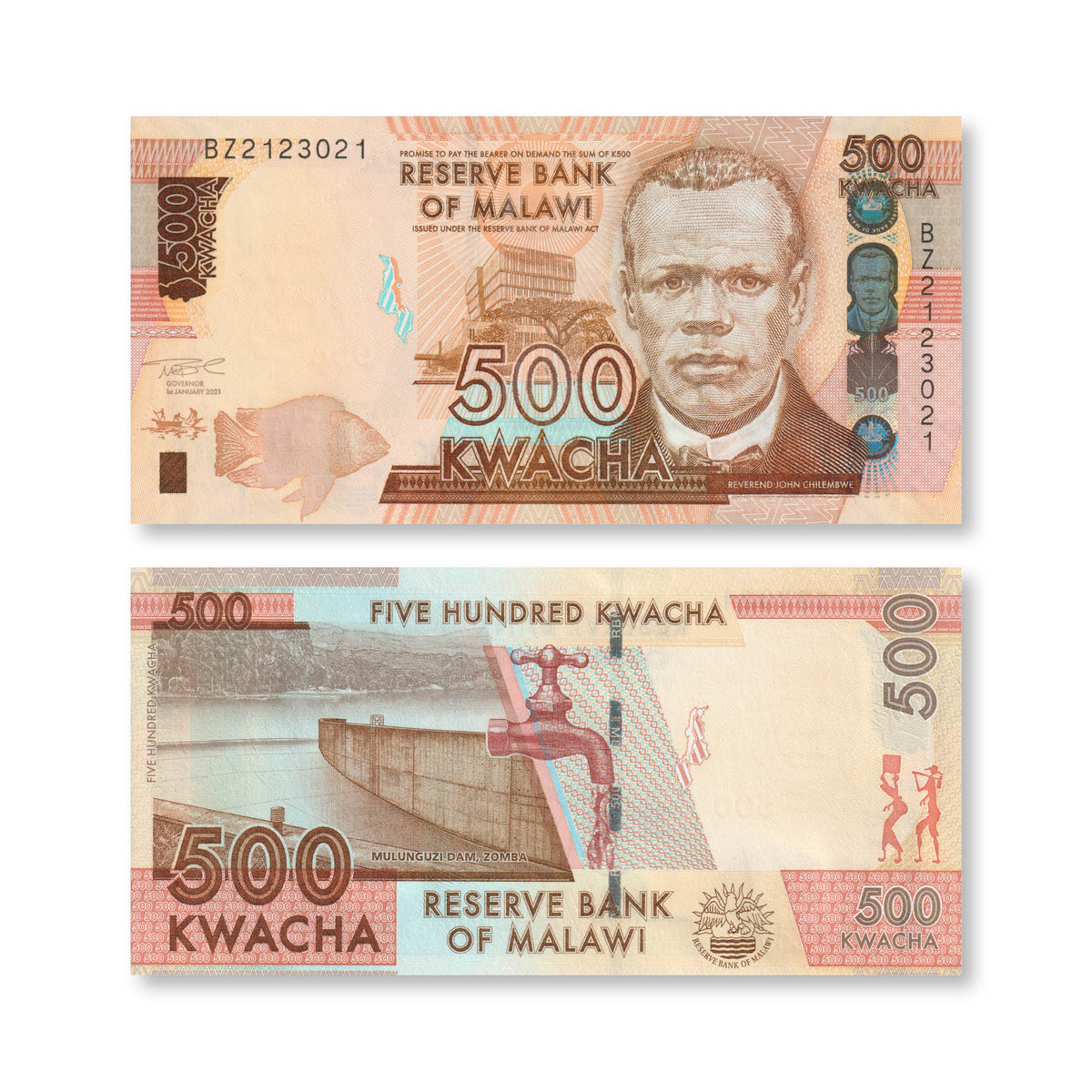 Malawi 500 Kwacha, 2021, B161c, P66, UNC - Robert's World Money - World Banknotes