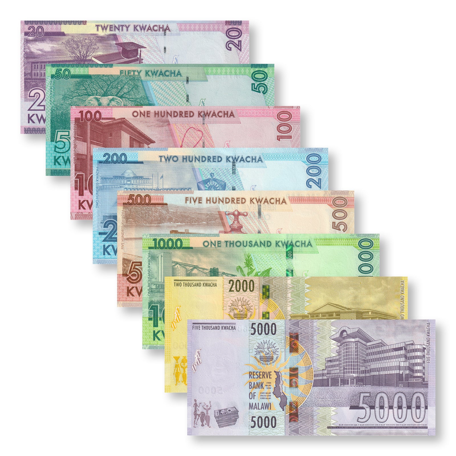 Malawi Full Set: 20–5,000 Kwacha, 2014–2022, B157–B165, UNC - Robert's World Money - World Banknotes