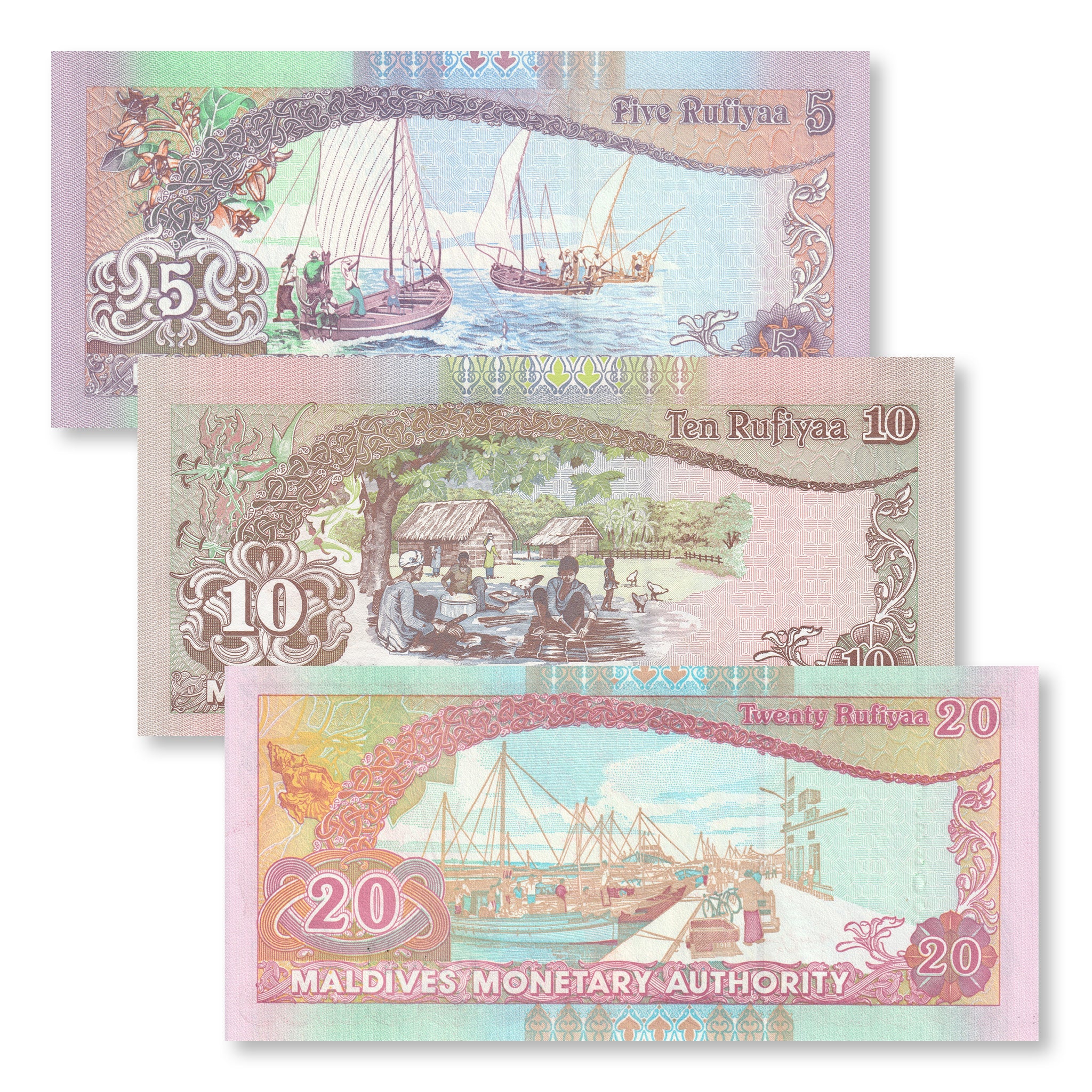 Maldives Set: 5–20 Rufiyaa, 1998–2011, B210–B212, P18–P20, UNC - Robert's World Money - World Banknotes