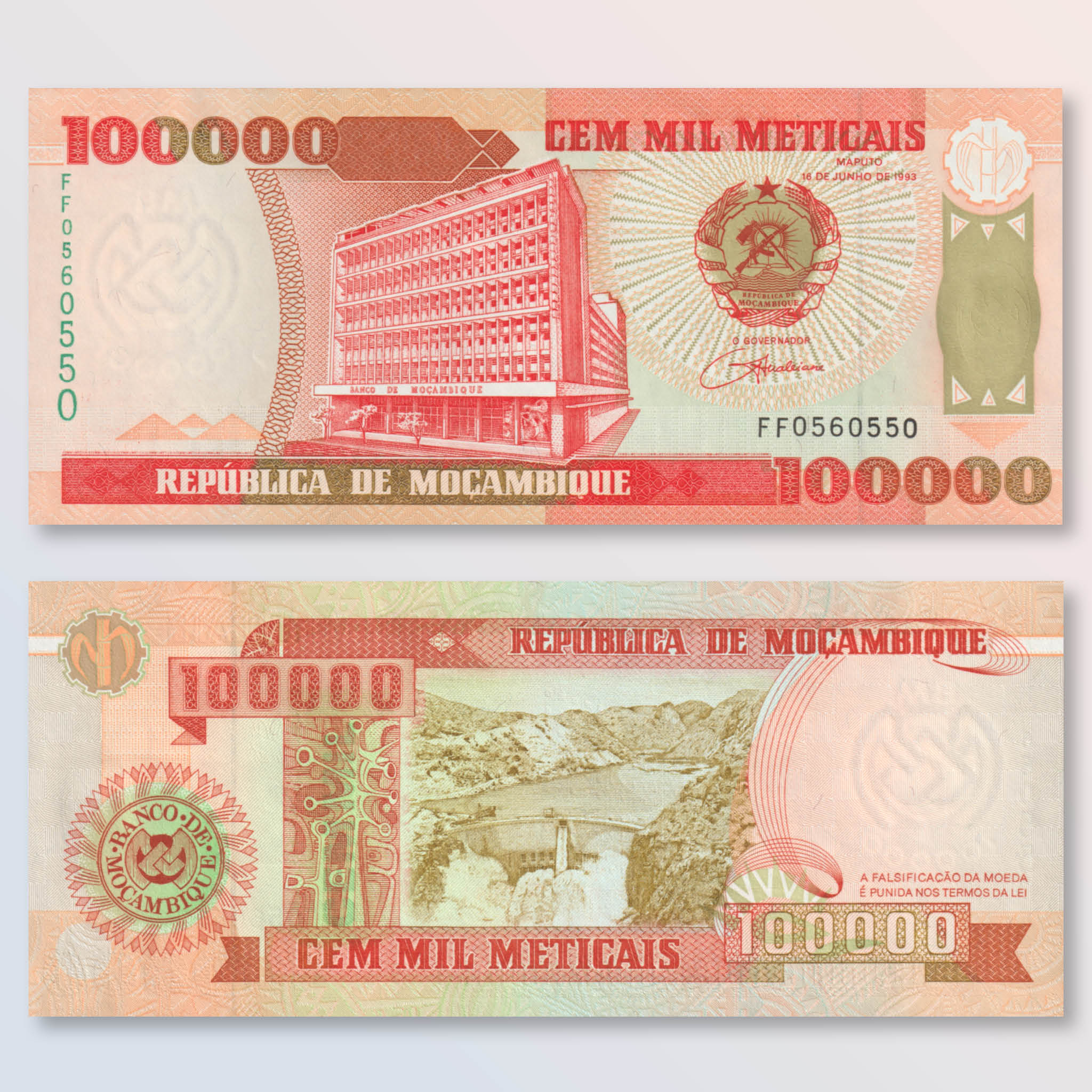 Mozambique 100,000 Meticais, 1993, B225a, P139, UNC - Robert's World Money - World Banknotes